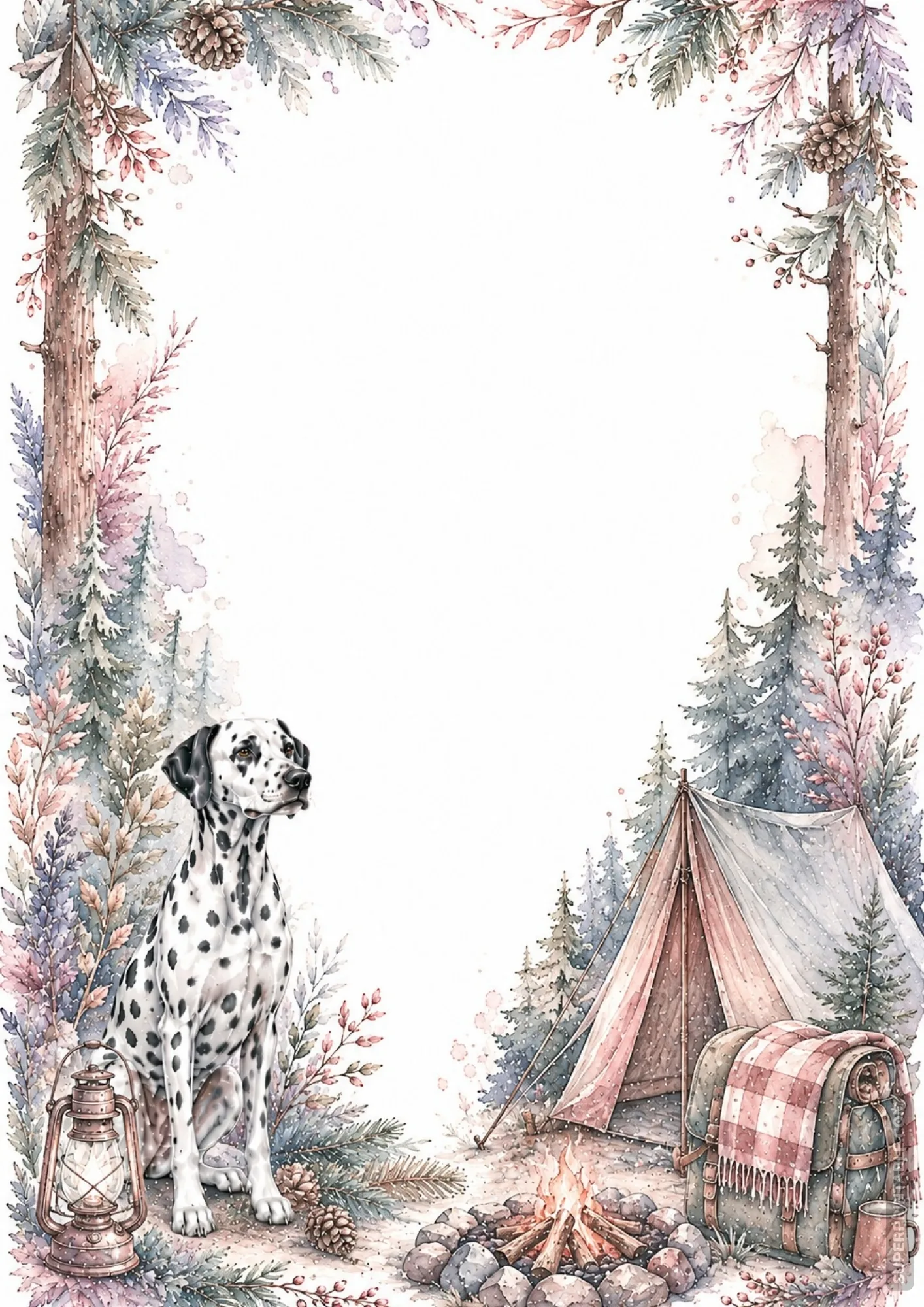 Watercolor campsite border featuring a Dalmatian dog next to a cozy tent, campfire, and lantern.