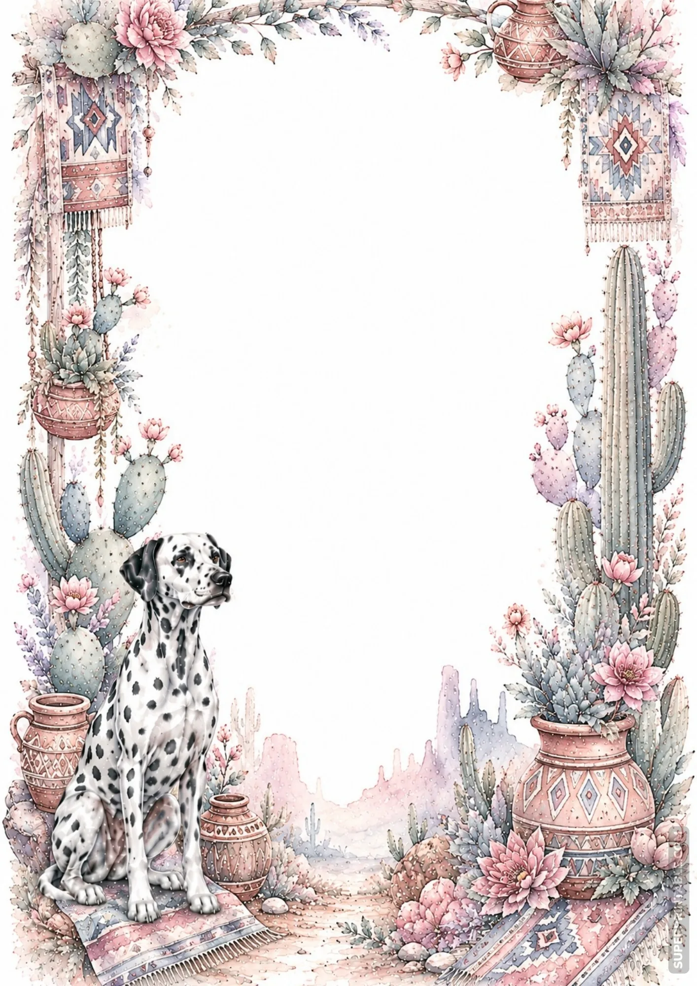 Printable dalmatian washed border pages featuring a dalmatian dog amidst desert cacti and terracotta pots.