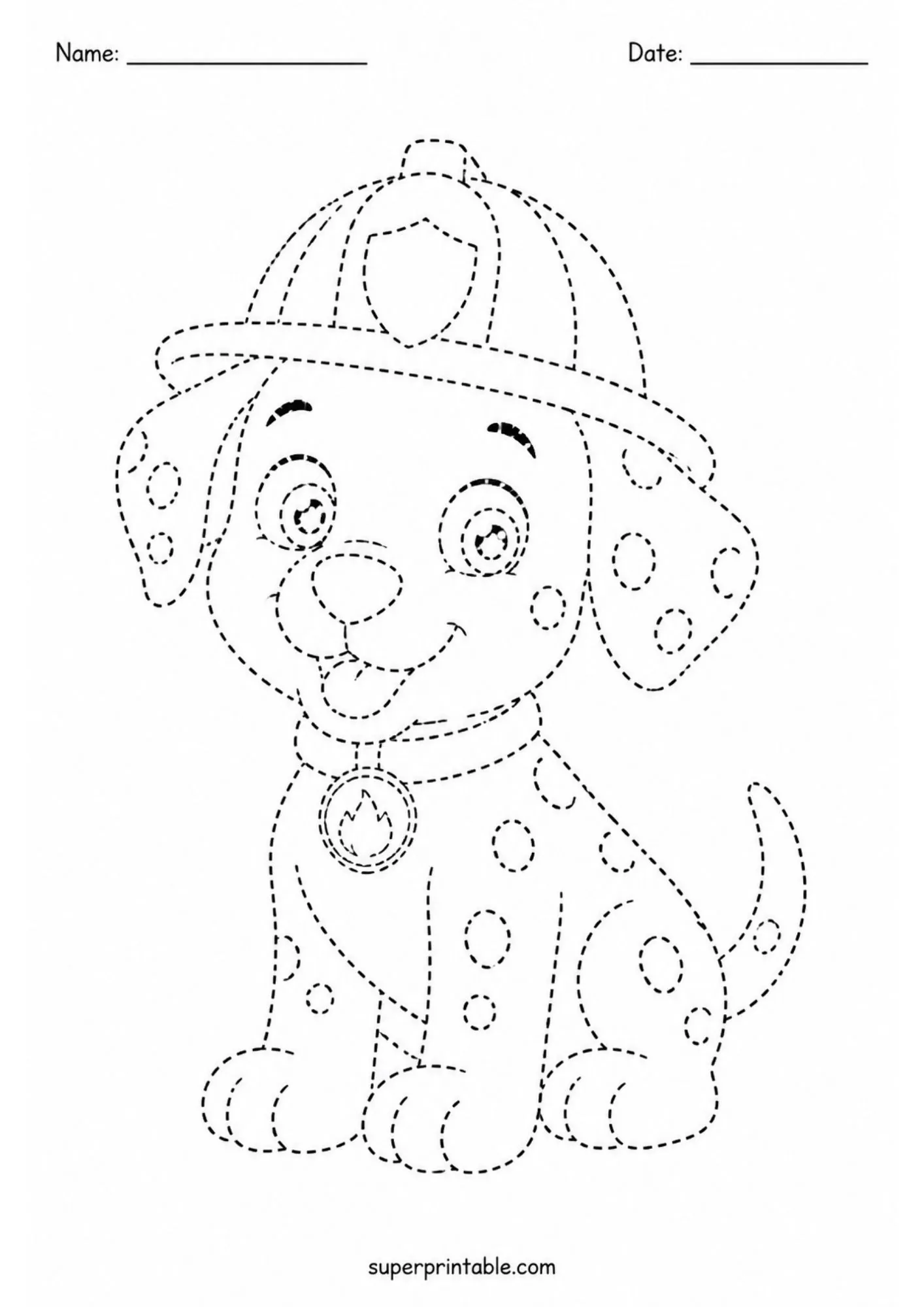 Fire station activity worksheets tracing sheet featuring a Dalmatian pup in a helmet.
