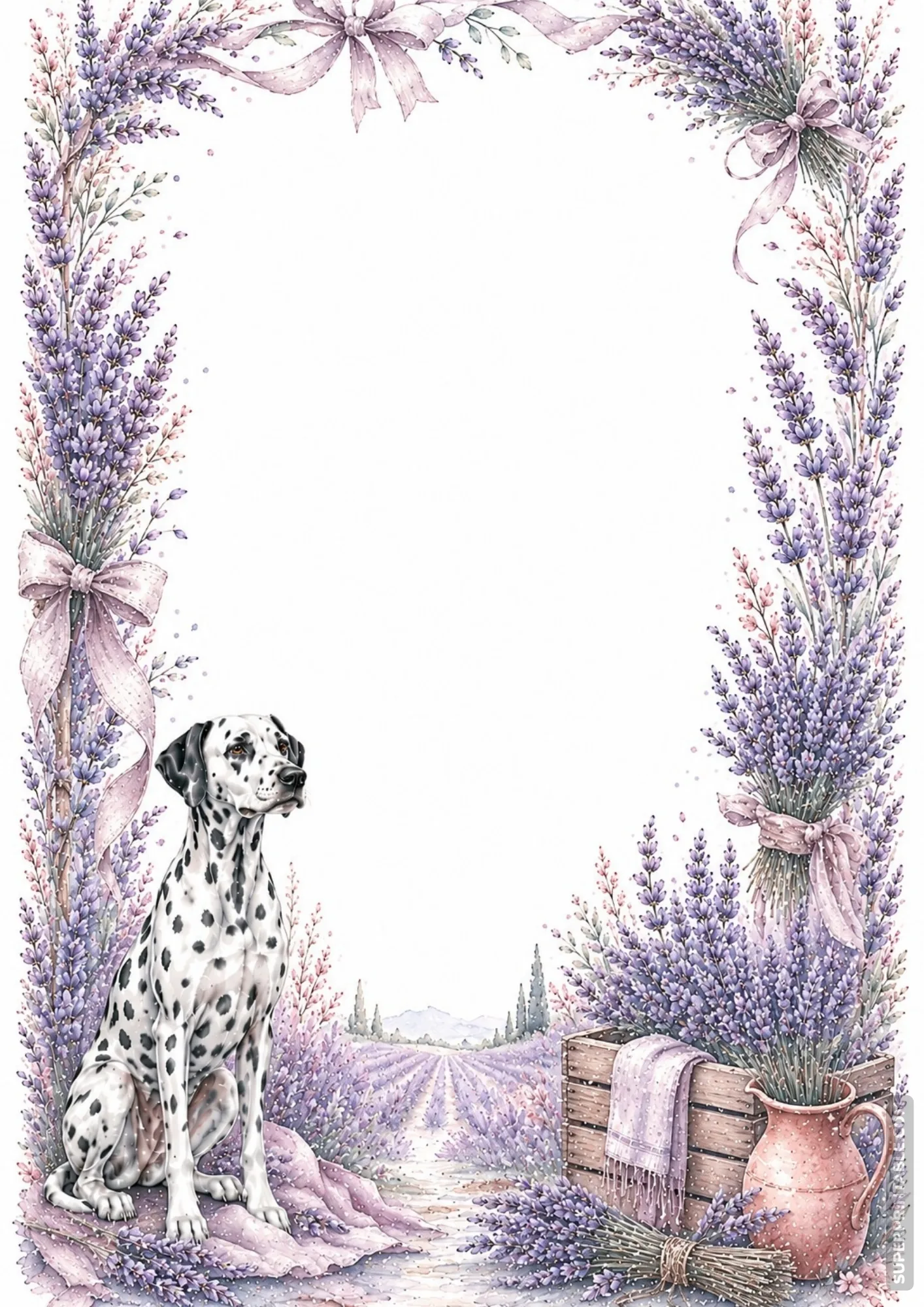 Dalmatian dog sitting in a purple lavender field with ribbon tied flower bundles in a watercolor border.