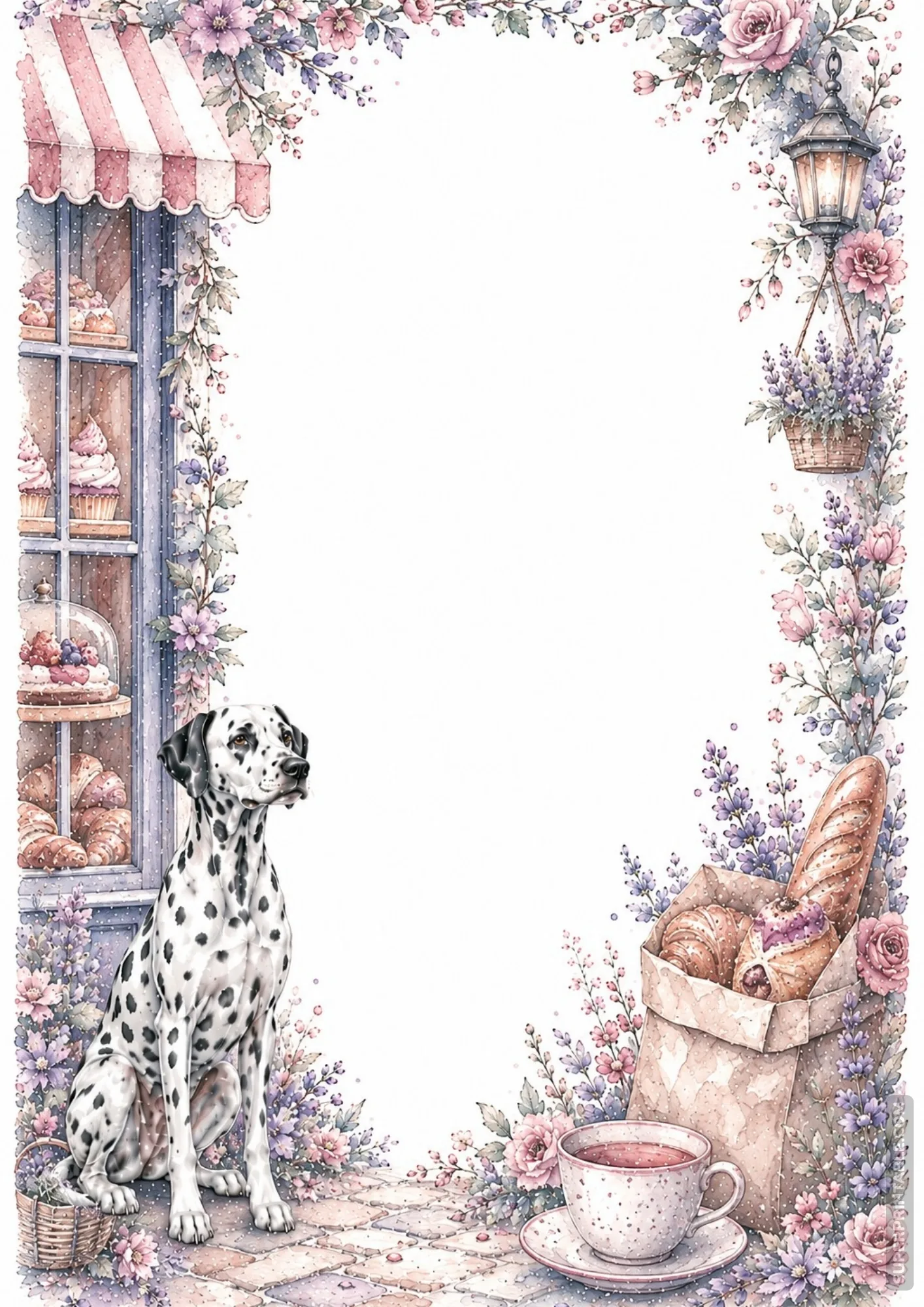 Charming bakery scene border with a Dalmatian sitting near fresh baked croissants and a teacup.