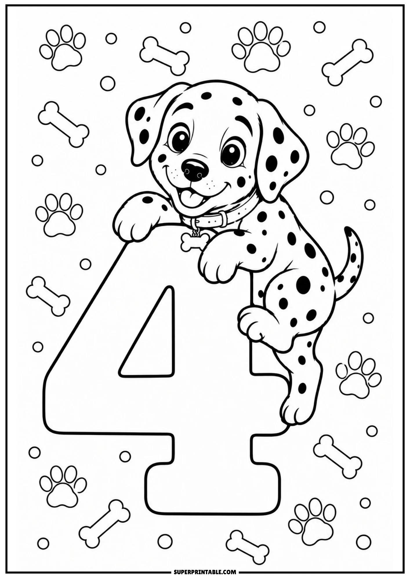 Energetic Dalmatian puppy climbing up the side of a large numeral 4 coloring page.