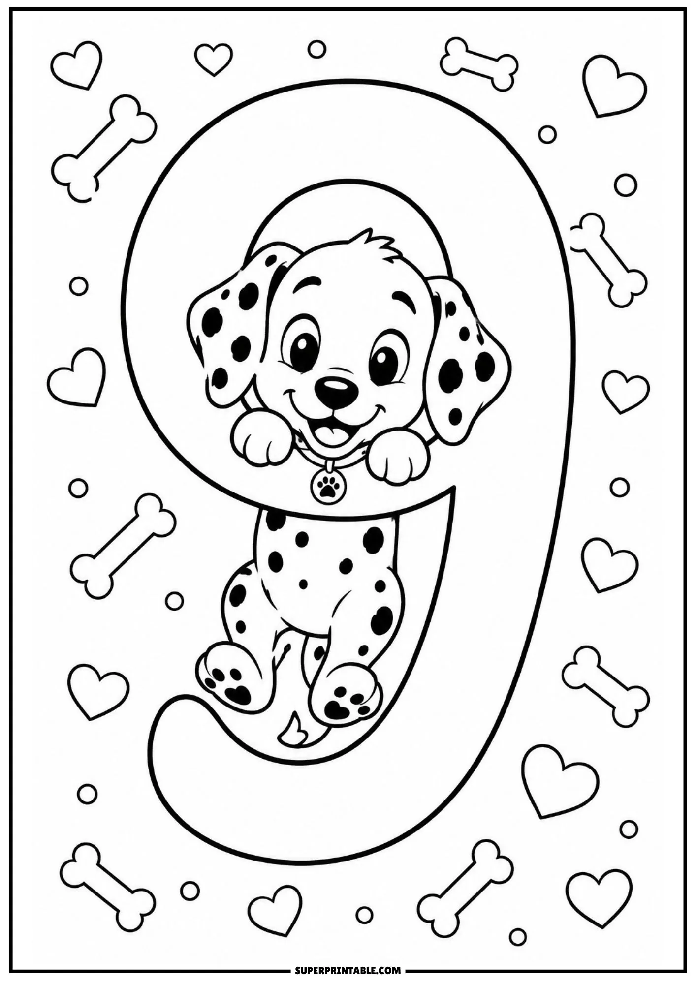Playful Dalmatian puppy clinging onto the top loop of a large numeral 9 coloring sheet.