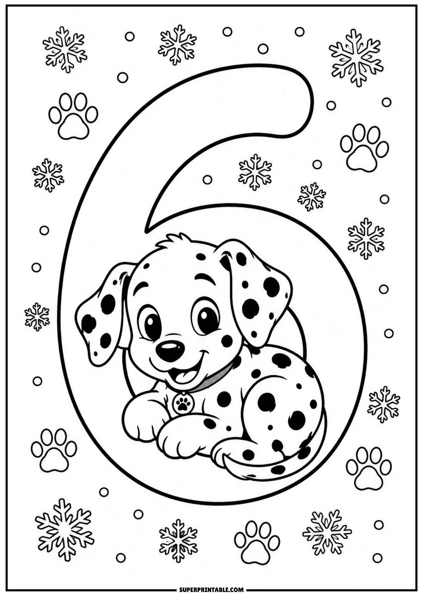 Cute spotted Dalmatian puppy nestled inside the loop of a large numeral 6 with snowflakes.
