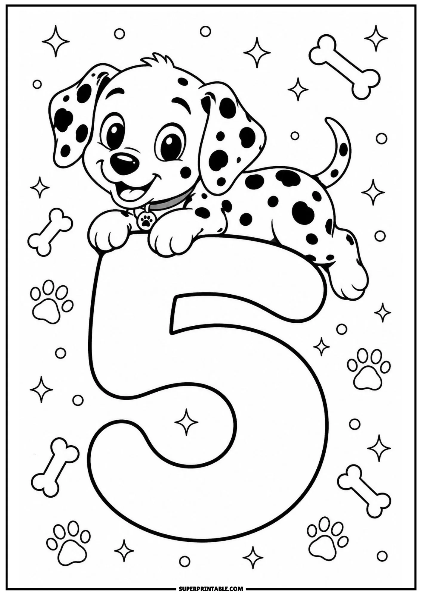Adorable Dalmatian puppy resting on top of a large numeral 5 surrounded by sparkles and bones.