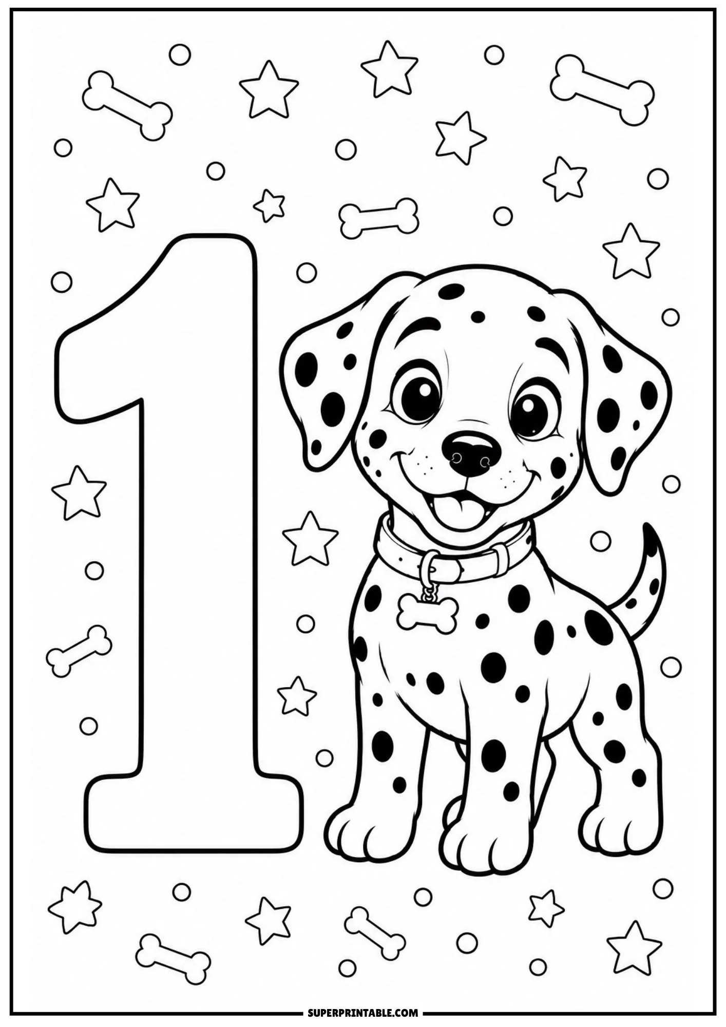 Dalmatian numbers coloring pages featuring a cute puppy standing next to a big number 1 with stars.