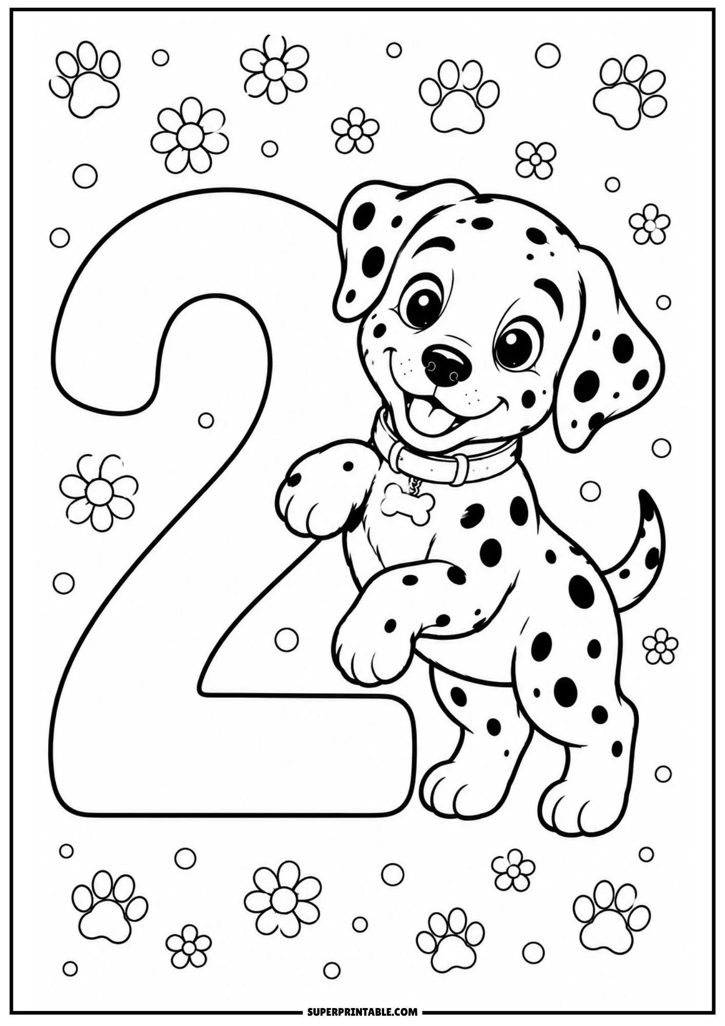 Playful Dalmatian puppy placing its paw on a large numeral 2 coloring page with flowers.