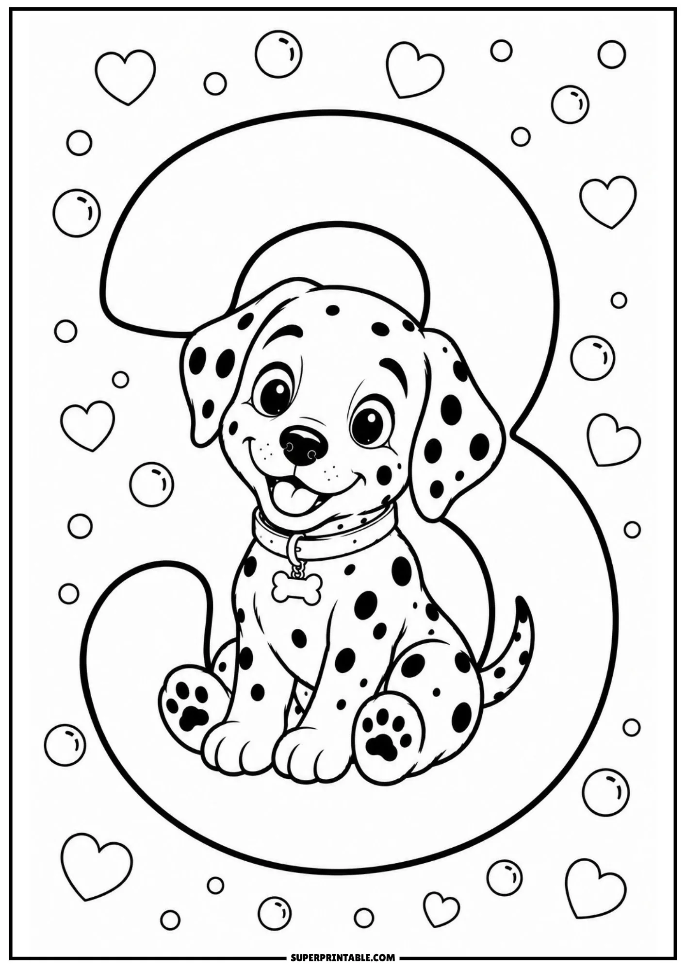 Cute Dalmatian puppy sitting comfortably inside a giant number 3 outline with floating hearts.