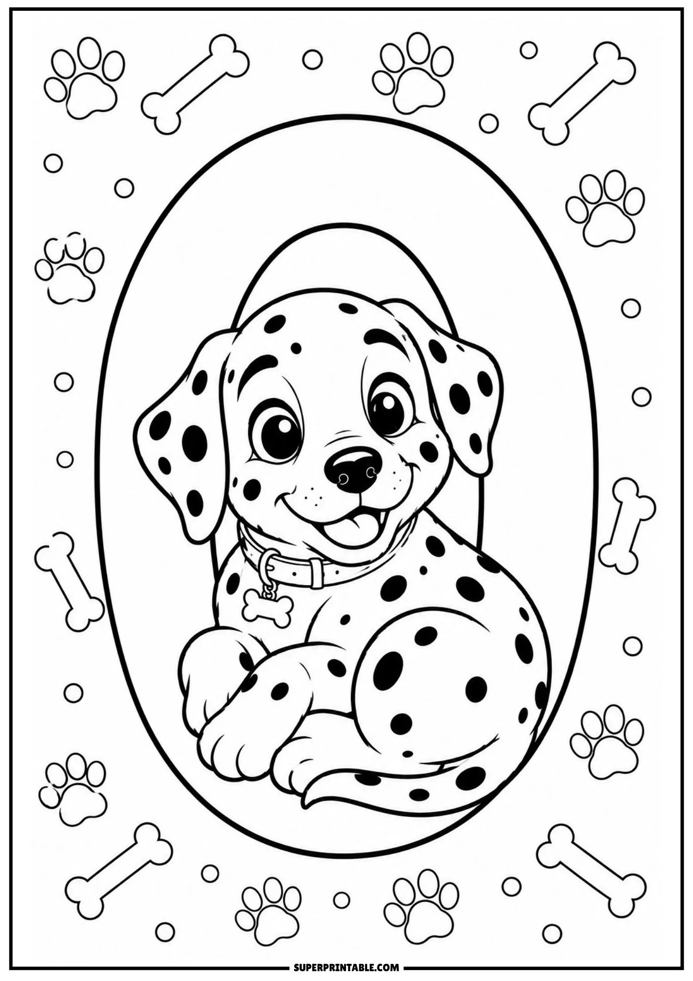Dalmatian numbers coloring pages featuring a happy spotted puppy inside an oval frame with bones and paw prints.