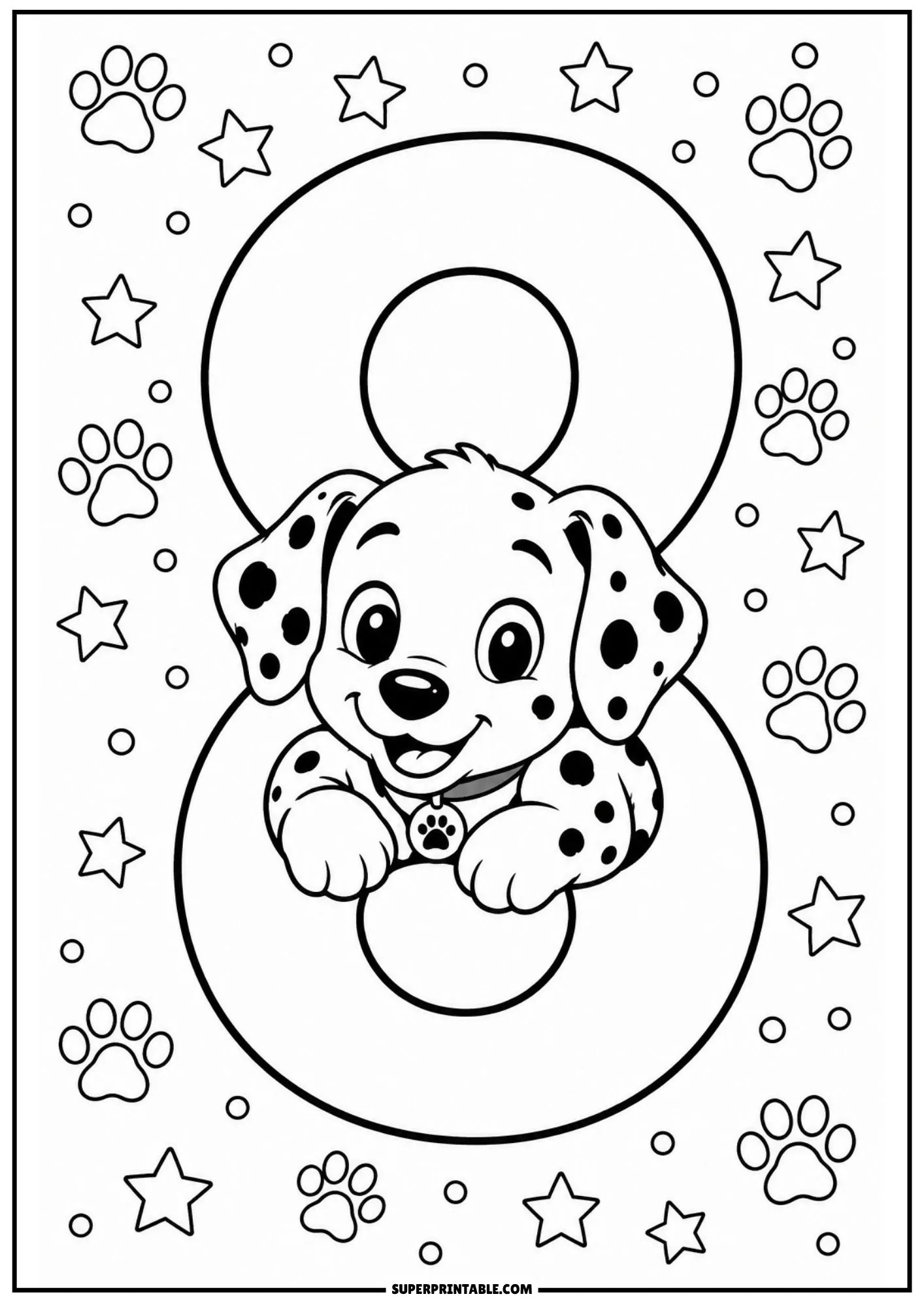 Smiling Dalmatian puppy peeking through the middle loop of a large numeral 8 with stars.
