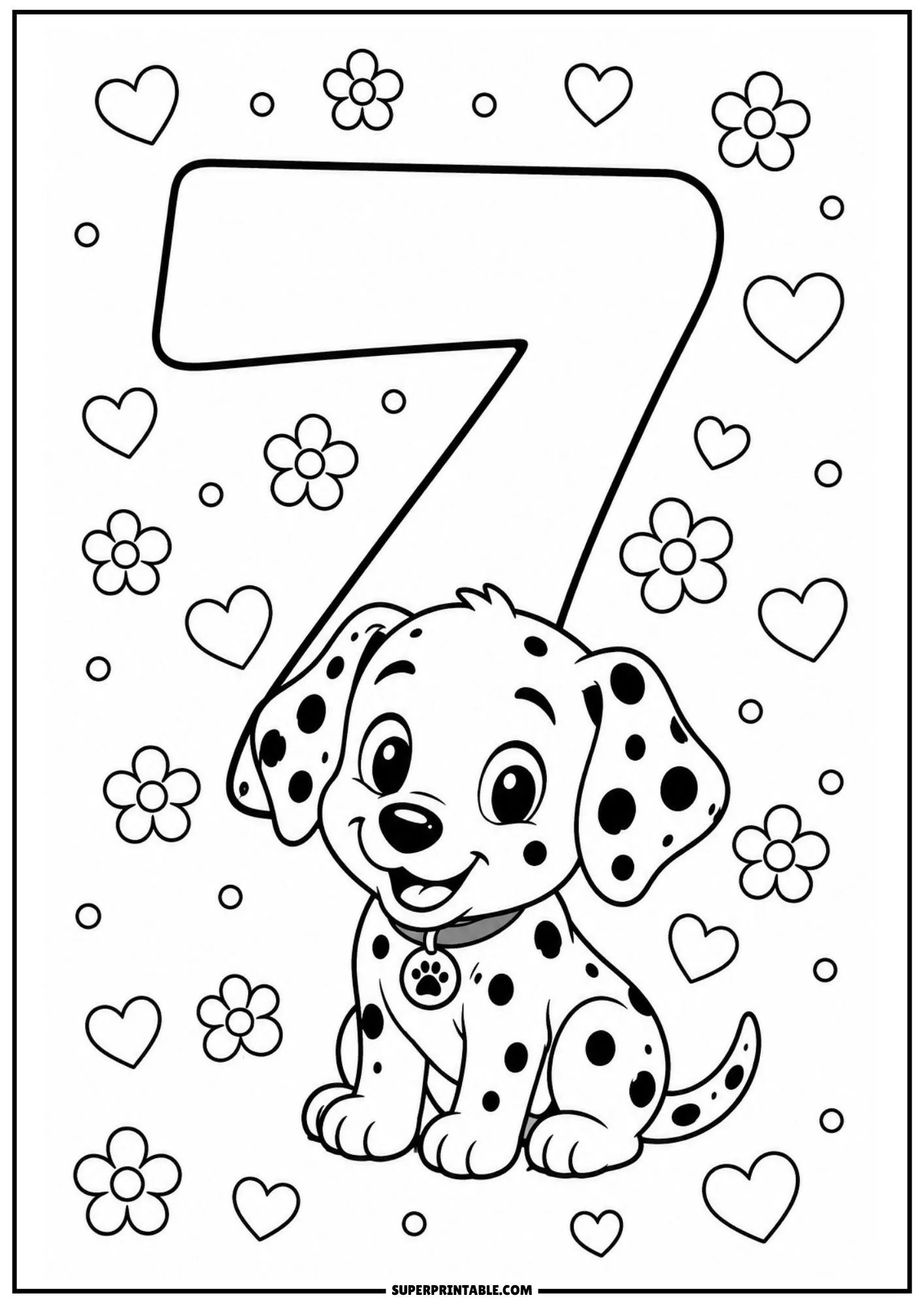 Happy Dalmatian puppy sitting under a giant numeral 7 decorated with flowers and hearts.