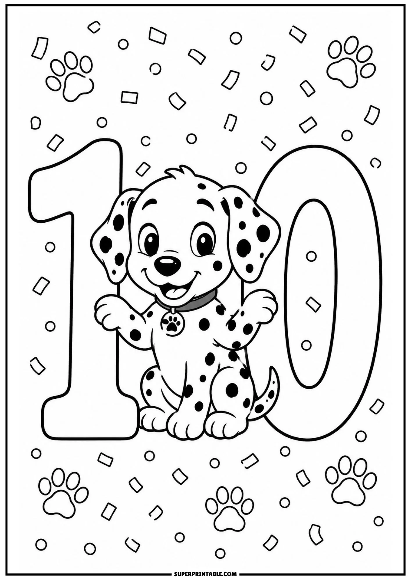 Cheerful Dalmatian puppy standing between digits 1 and 0 of number 10 with festive confetti.