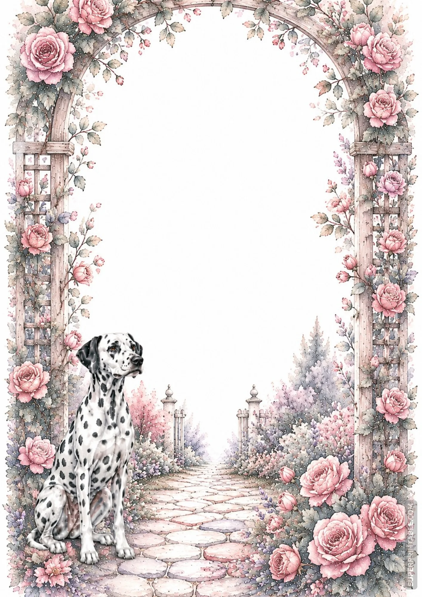 Soft watercolor border page with a Dalmatian dog sitting under a pink rose trellis and cobblestone path.