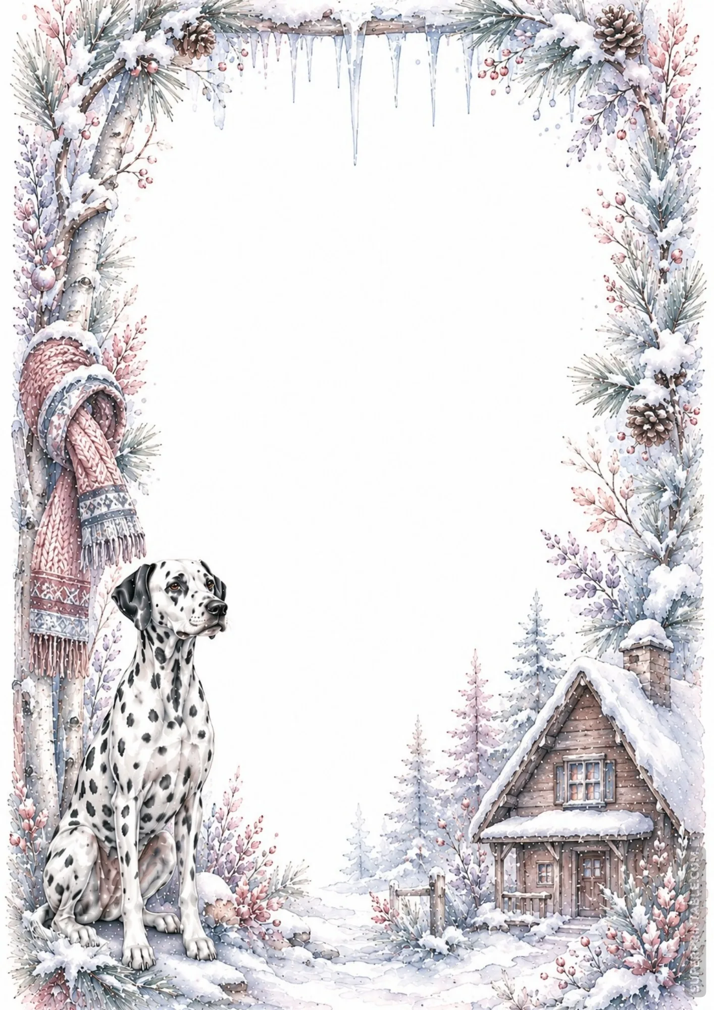 Winter landscape border page showing a Dalmatian dog near a snow-covered cottage and icicle pine arch.