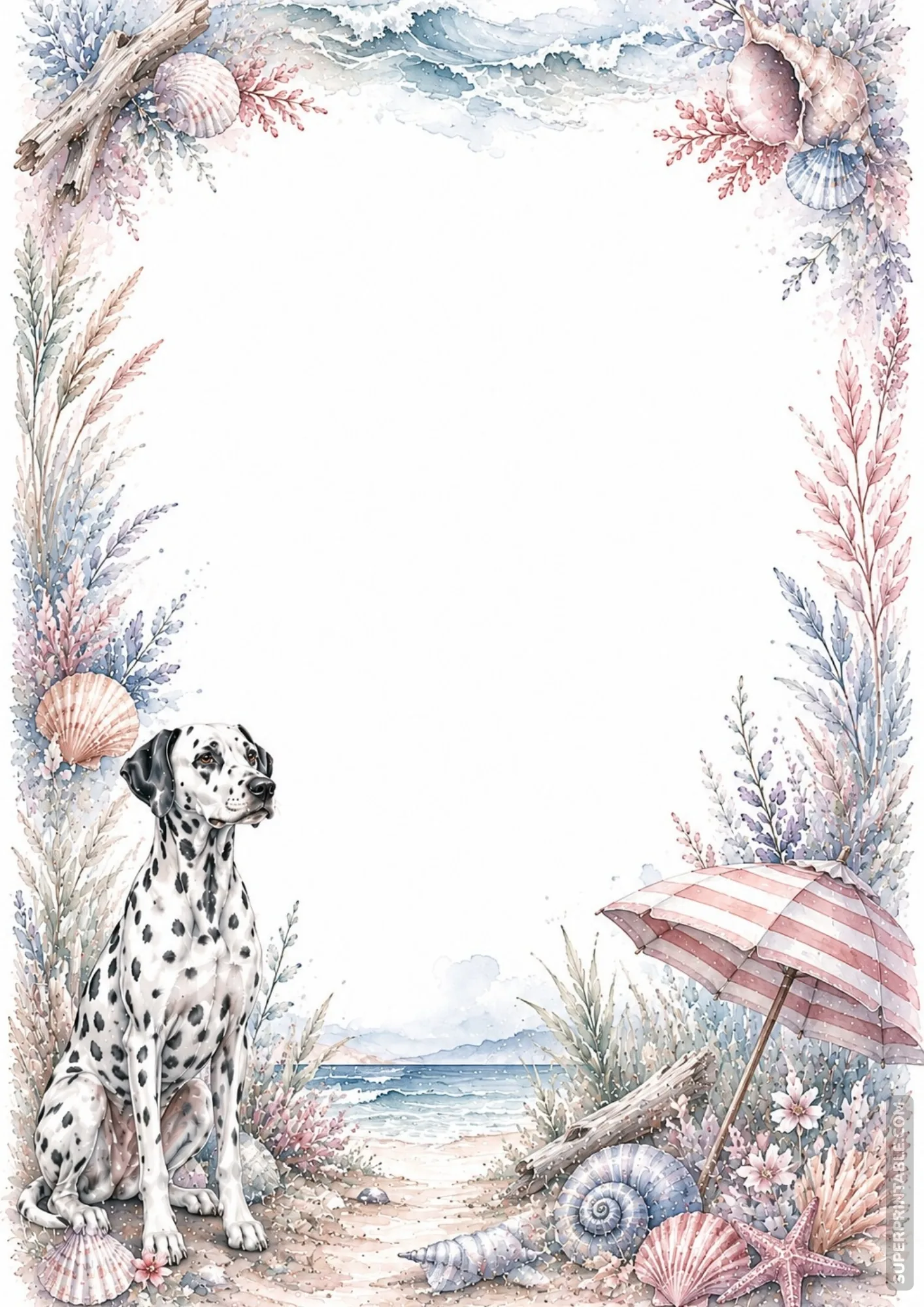 Summer ocean border page featuring a Dalmatian dog sitting by a beach umbrella and sea shells.