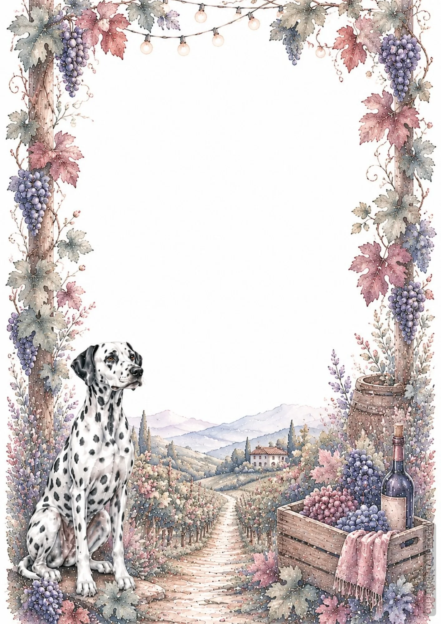 Scenic vineyard border page featuring a Dalmatian dog near grapevines, wine bottle, and wooden crate.