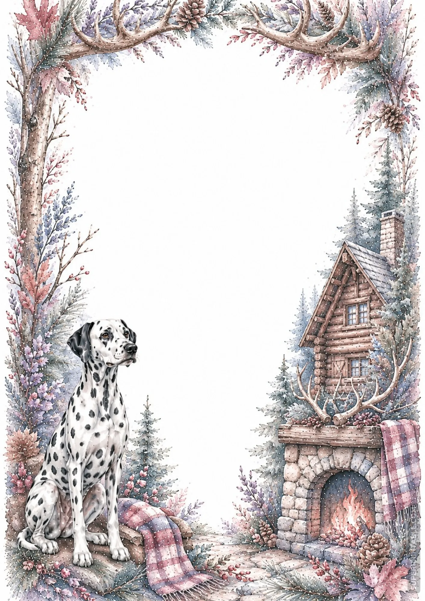 Cozy winter cabin frame featuring a Dalmatian dog by a stone fireplace and snowy evergreen trees.