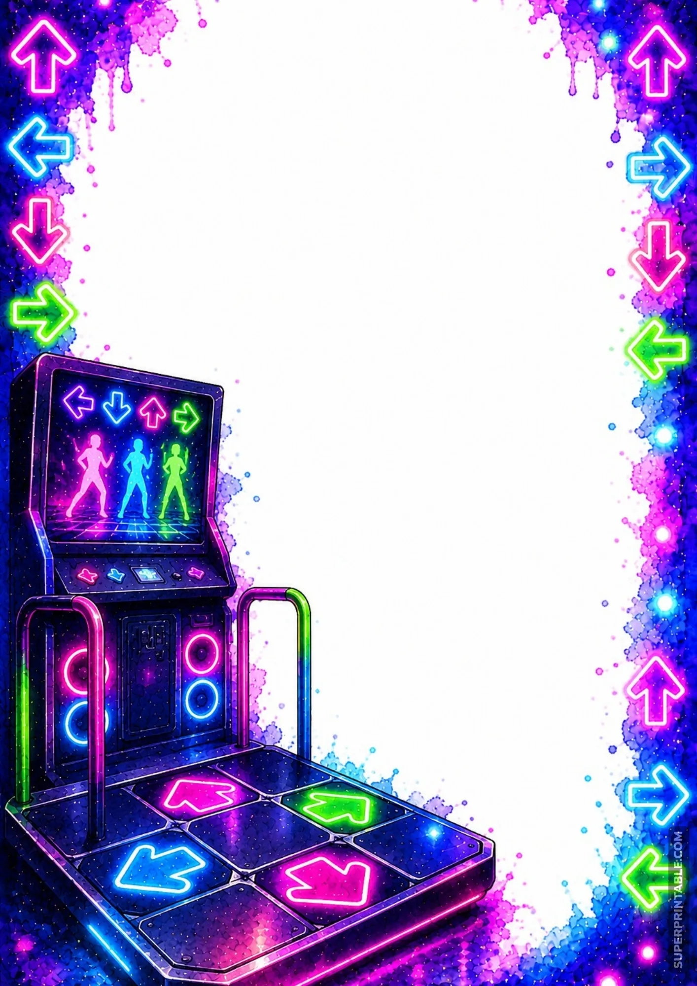 Dance arcade game machine with glowing directional arrows set against a purple splatter border.