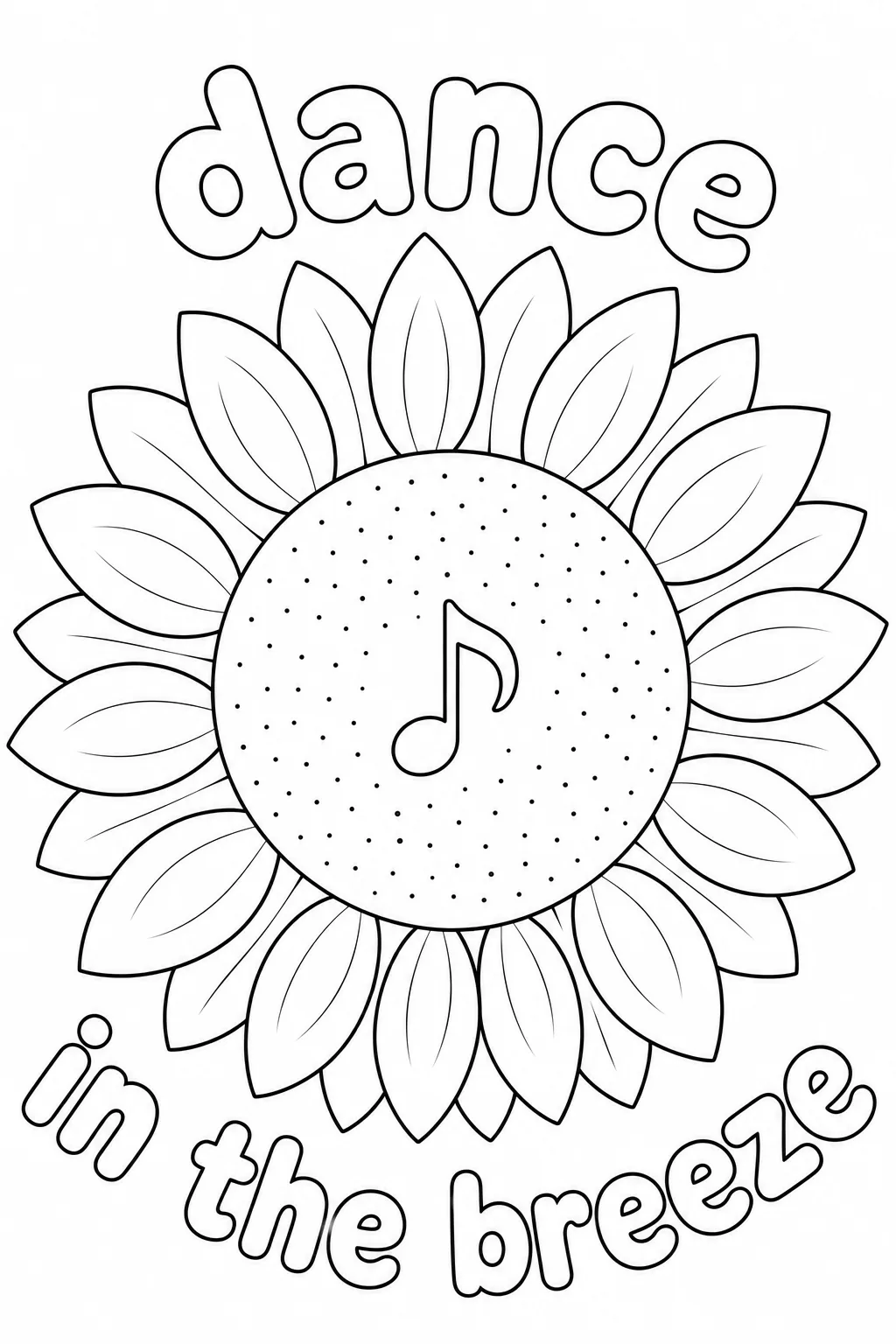 Musical note icon centered in a sunflower bloom with dance in the breeze text outlined.