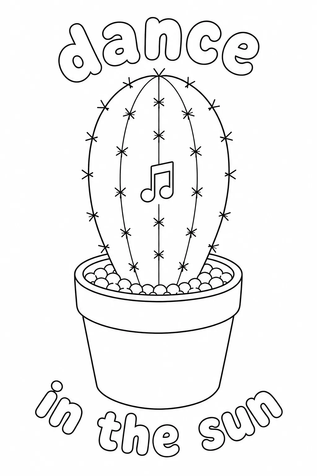 Potted cactus featuring a musical note and joyful quote.