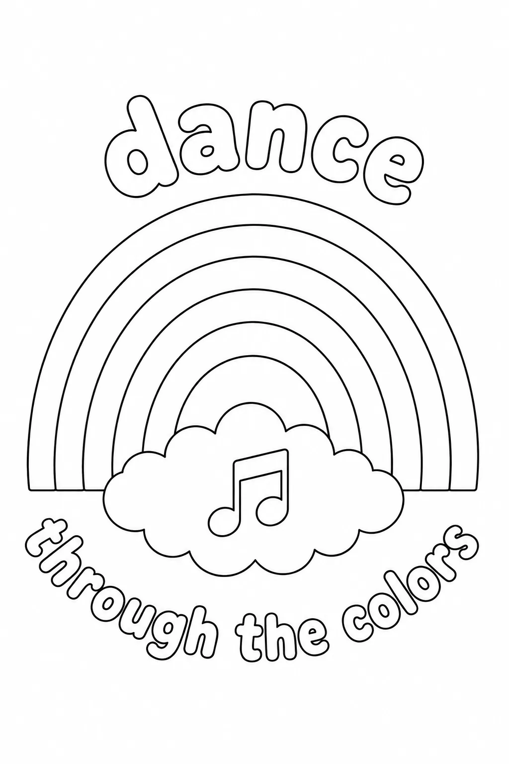 Rainbow page with a musical note and Dance Through the Colors lettering