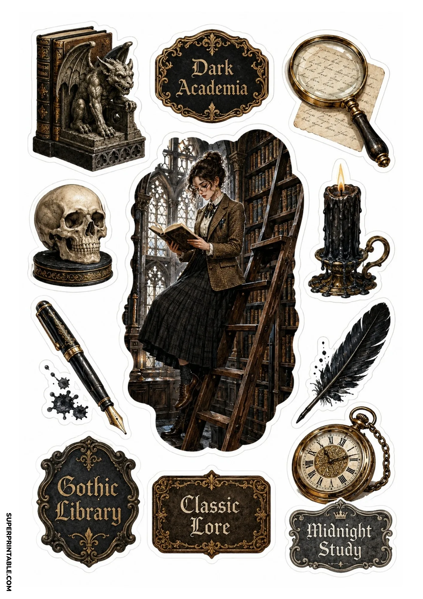 Gothic student reading on a library ladder surrounded by dark bookshelves, skulls, gargoyles, and candles.