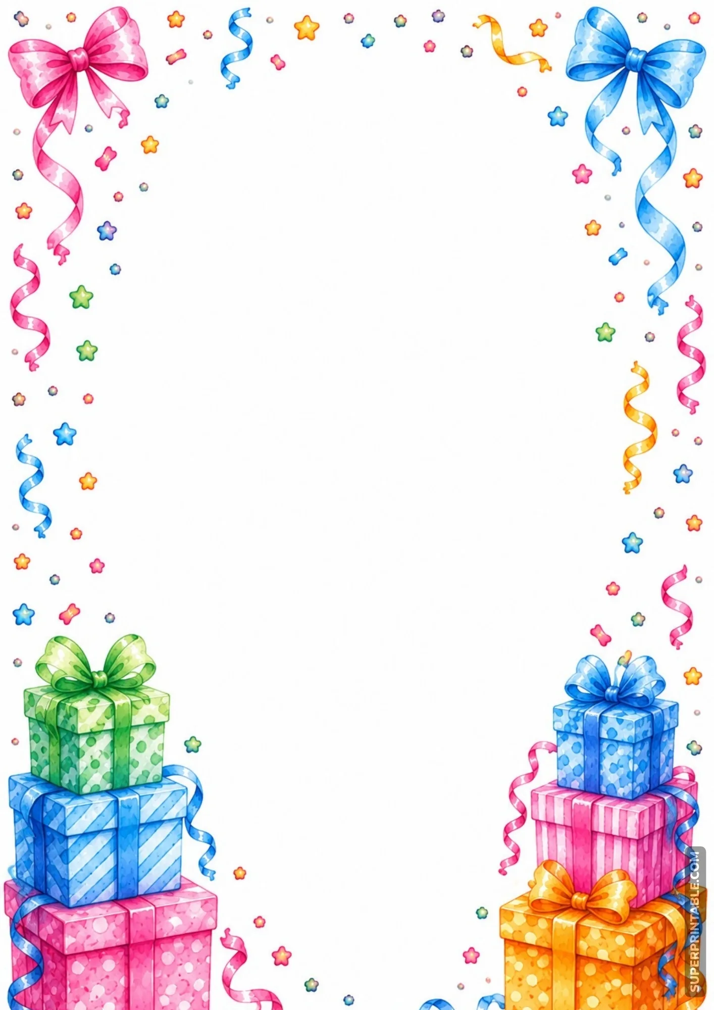 Watercolor celebration border page with elegant ribbon bows and stacked present boxes.
