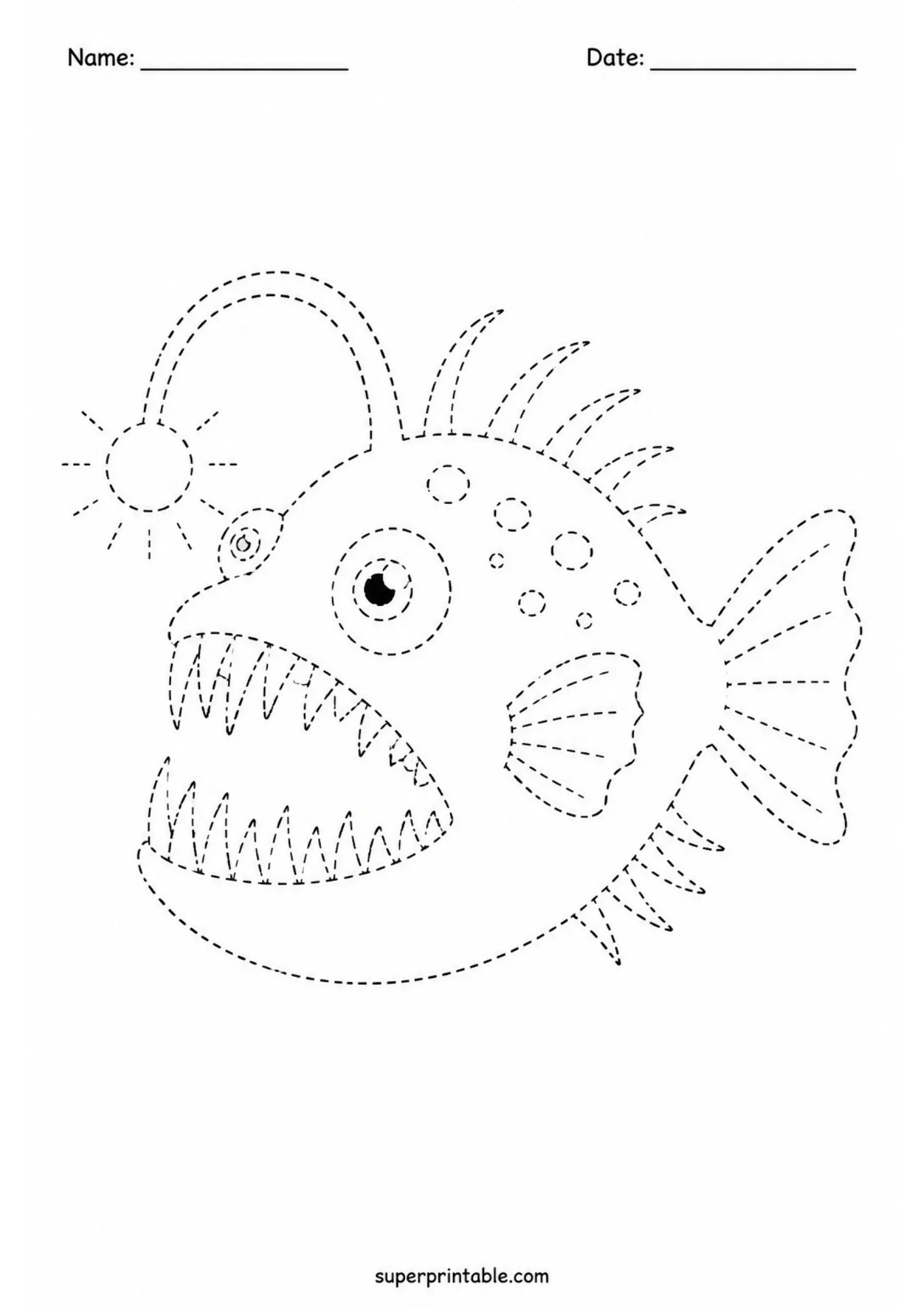 Deep sea anglerfish line art tracing sheet for deep ocean activity worksheets with dashed lines and cute features.