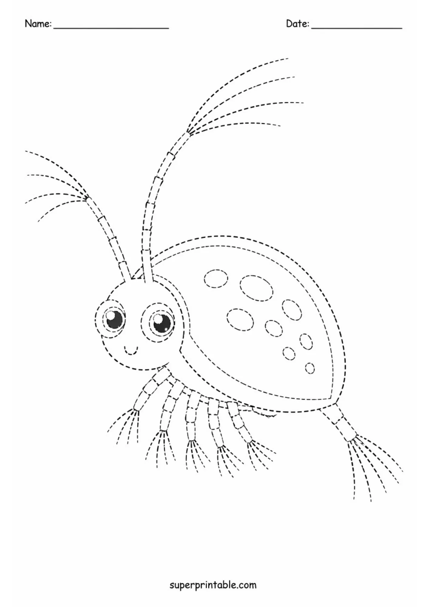 Cute deep sea crustacean line tracing page featuring detailed dashed legs and long antennae for fine motor practice.