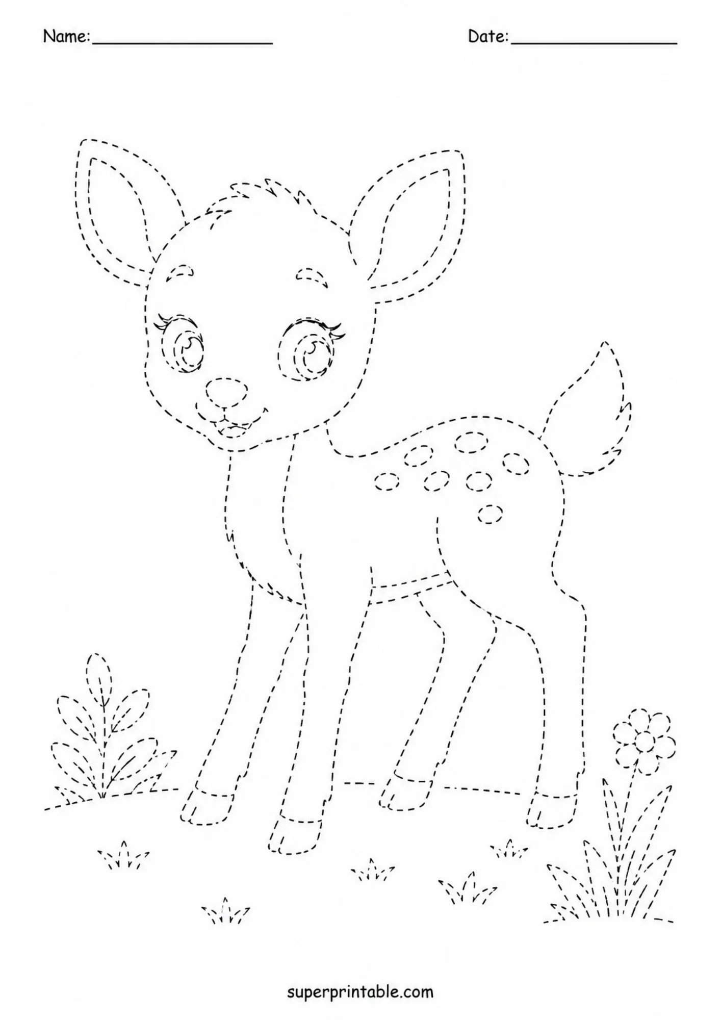Dotted line drawing of a young deer standing in the grass.