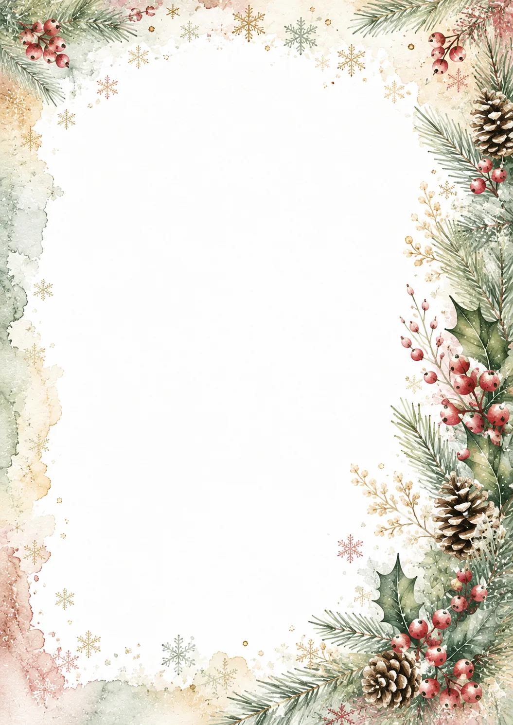 Delicate holiday border with snowy foliage, berries, pinecones, and scattered snowflakes