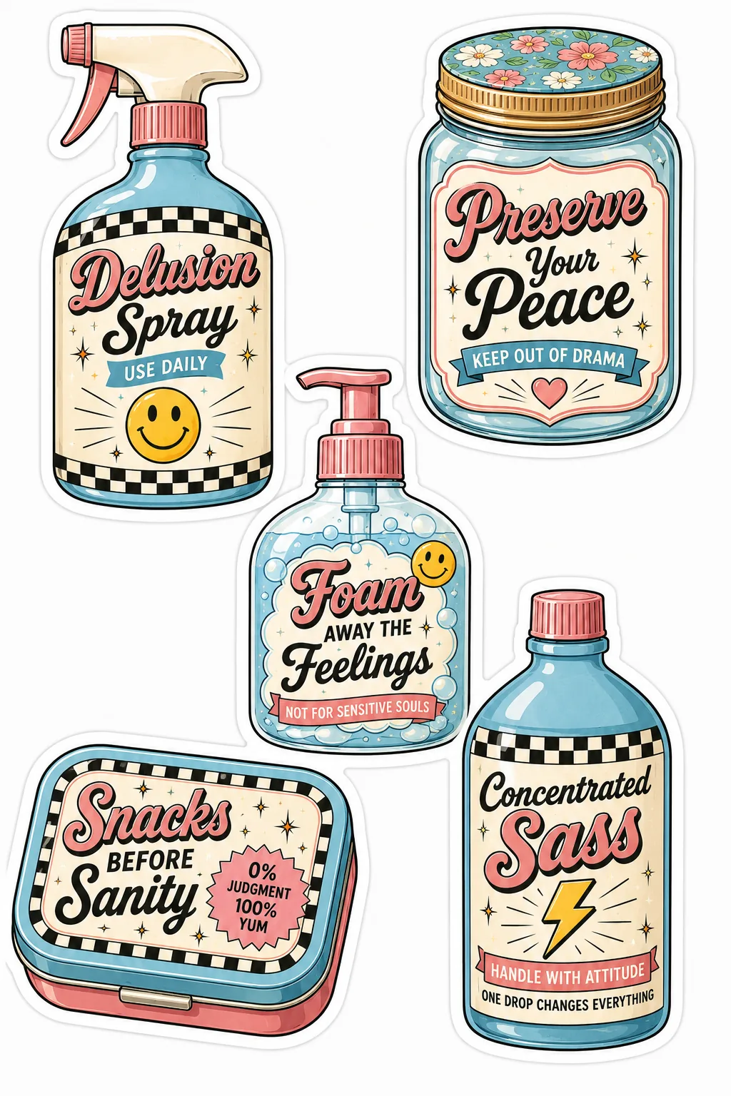 Delusion spray, preserve your peace jar, feelings foam, snack tin and concentrated sass bottle.