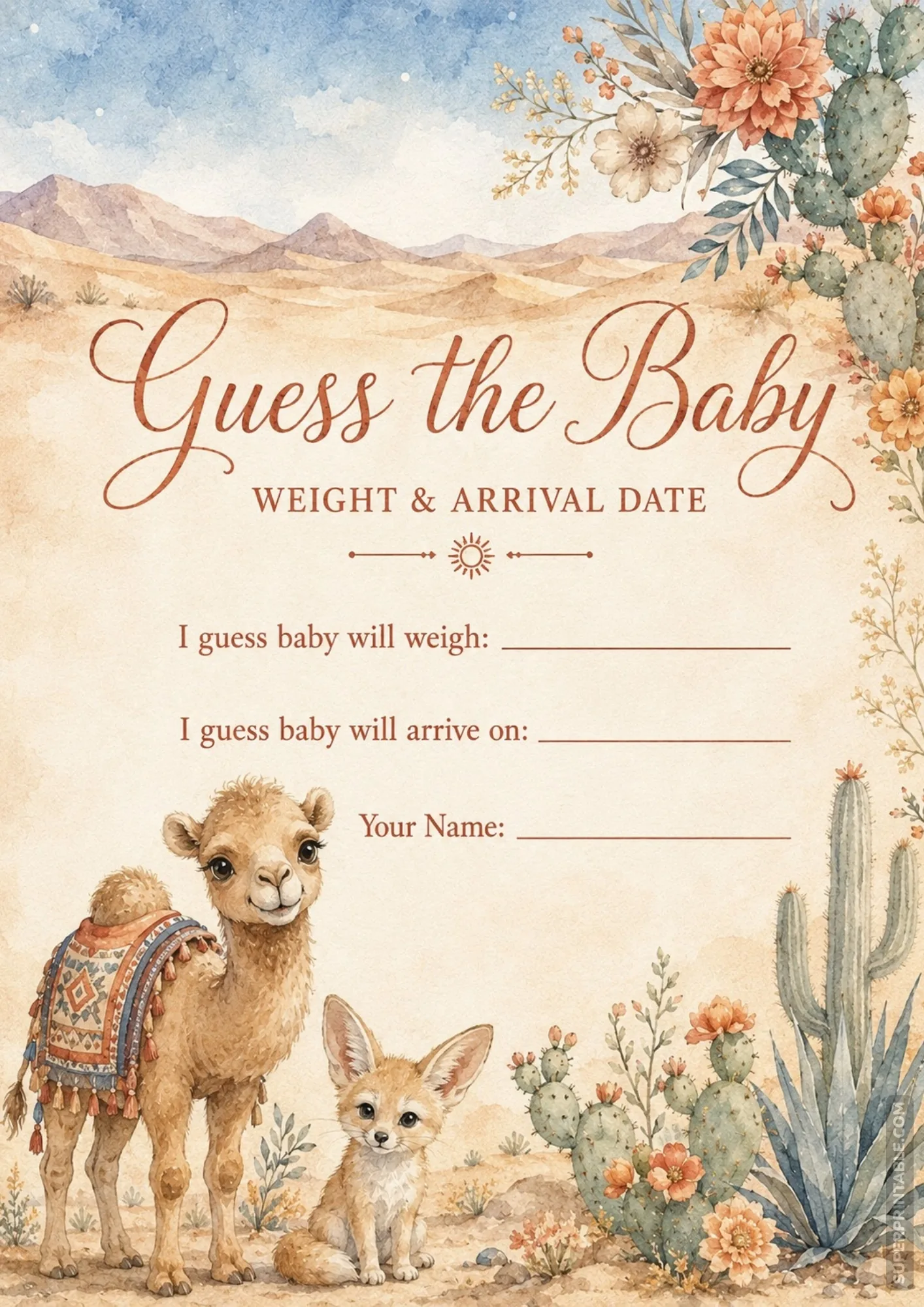 Boho desert baby shower game sheet featuring a baby camel, fennec fox, and flowering cacti.