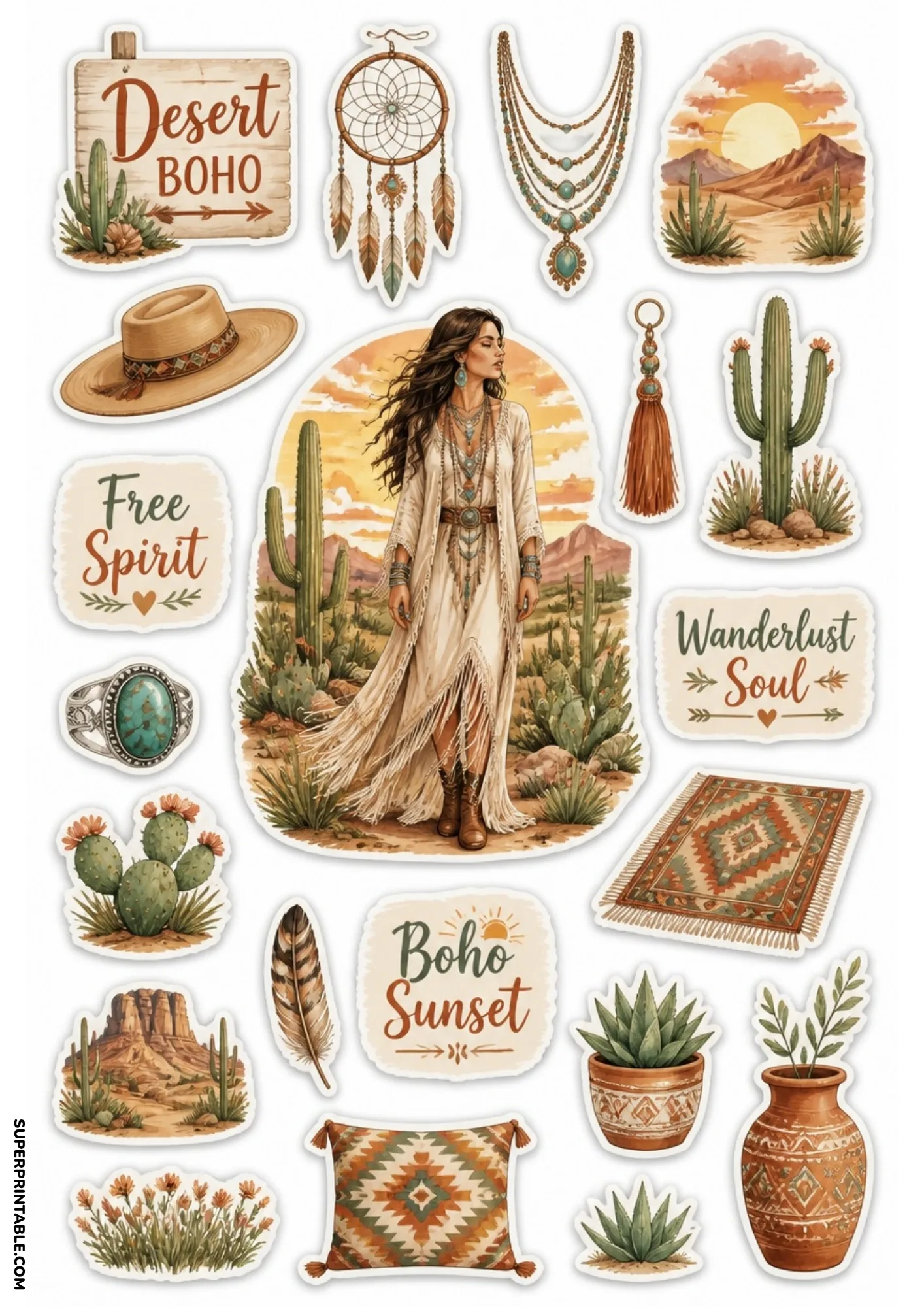 Desert boho stickers showing a woman in a fringe dress among cacti during a sunset.