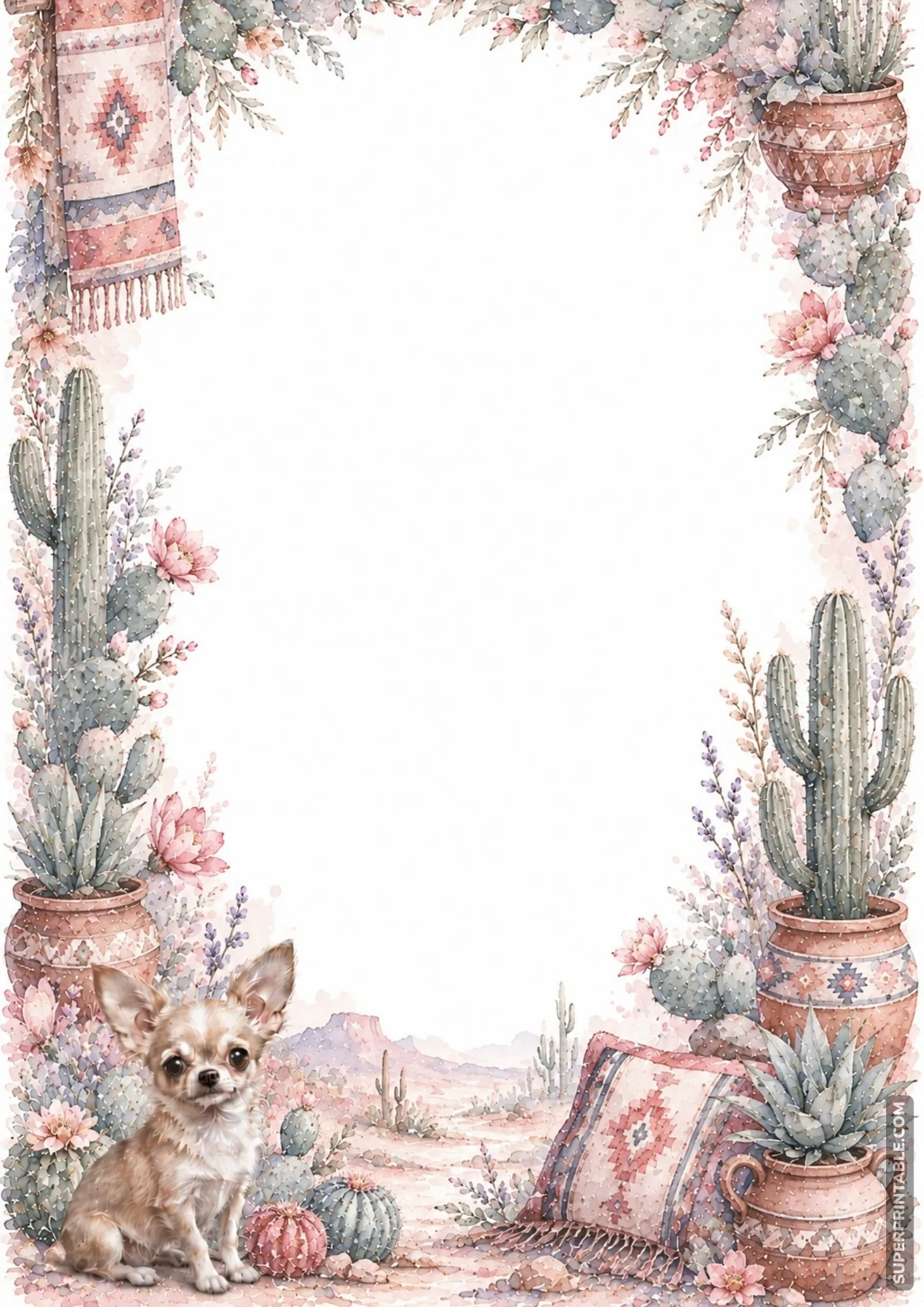 chihuahua washed border pages with desert cacti potted plants and southwestern textiles