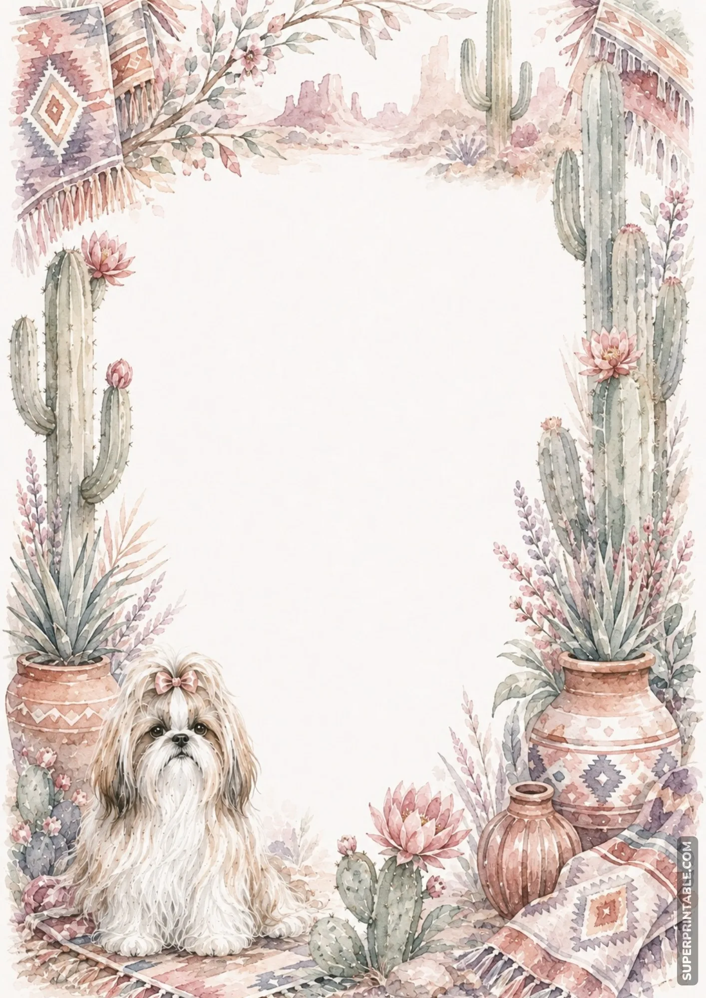 shih tzu washed border pages featuring desert cacti potted succulents and woven rugs