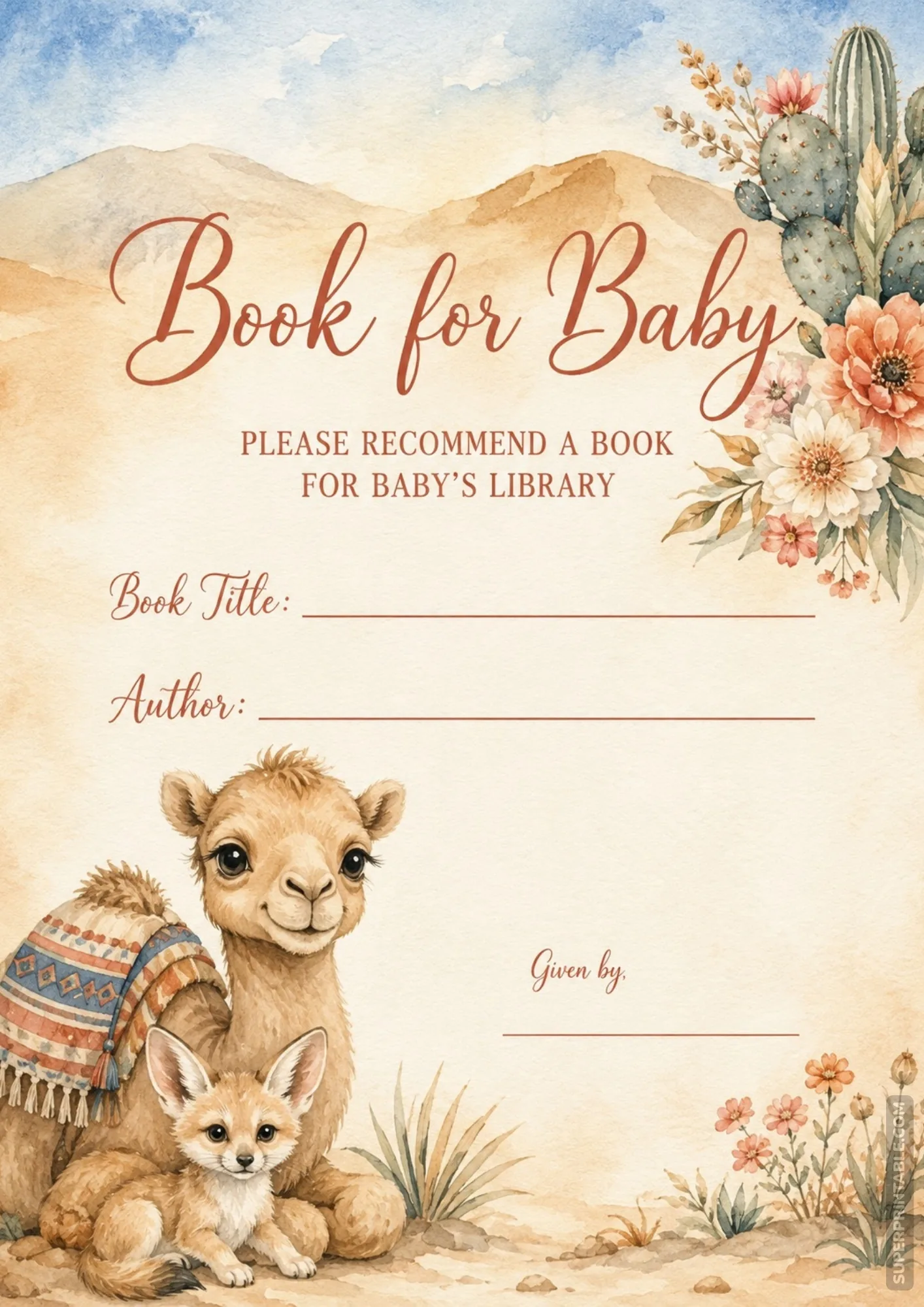 Desert boho themed baby shower book request insert card featuring baby camel, fennec fox, and cacti.