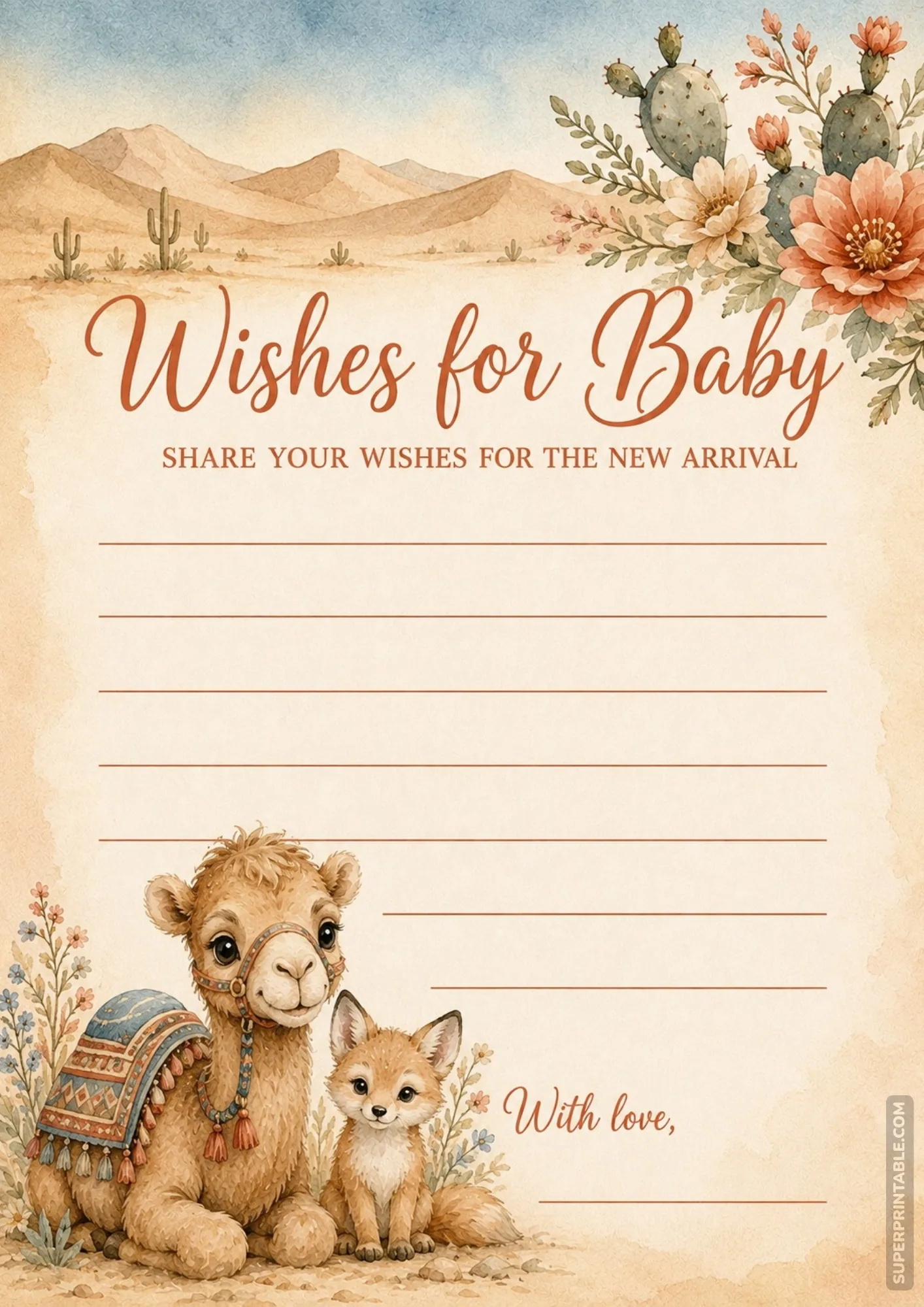 Desert themed card layout featuring a baby camel, cute fennec fox, sand dunes, and blooming cacti.