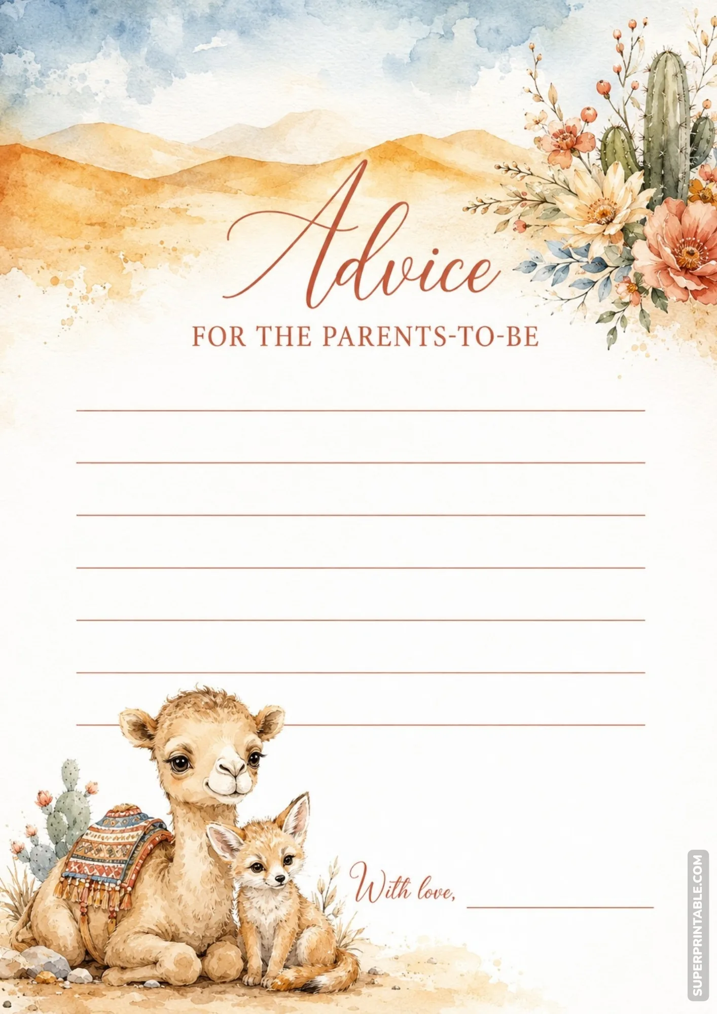 Boho desert baby shower advice printable with watercolor camel, fennec fox, and flowering cacti.