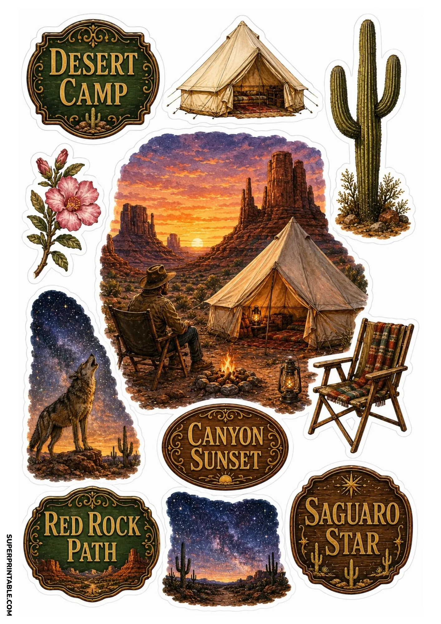 Desert camping sticker sheet with red rock canyon sunset, canvas tent, howling wolf, saguaro cactus, and starry night sky elements.