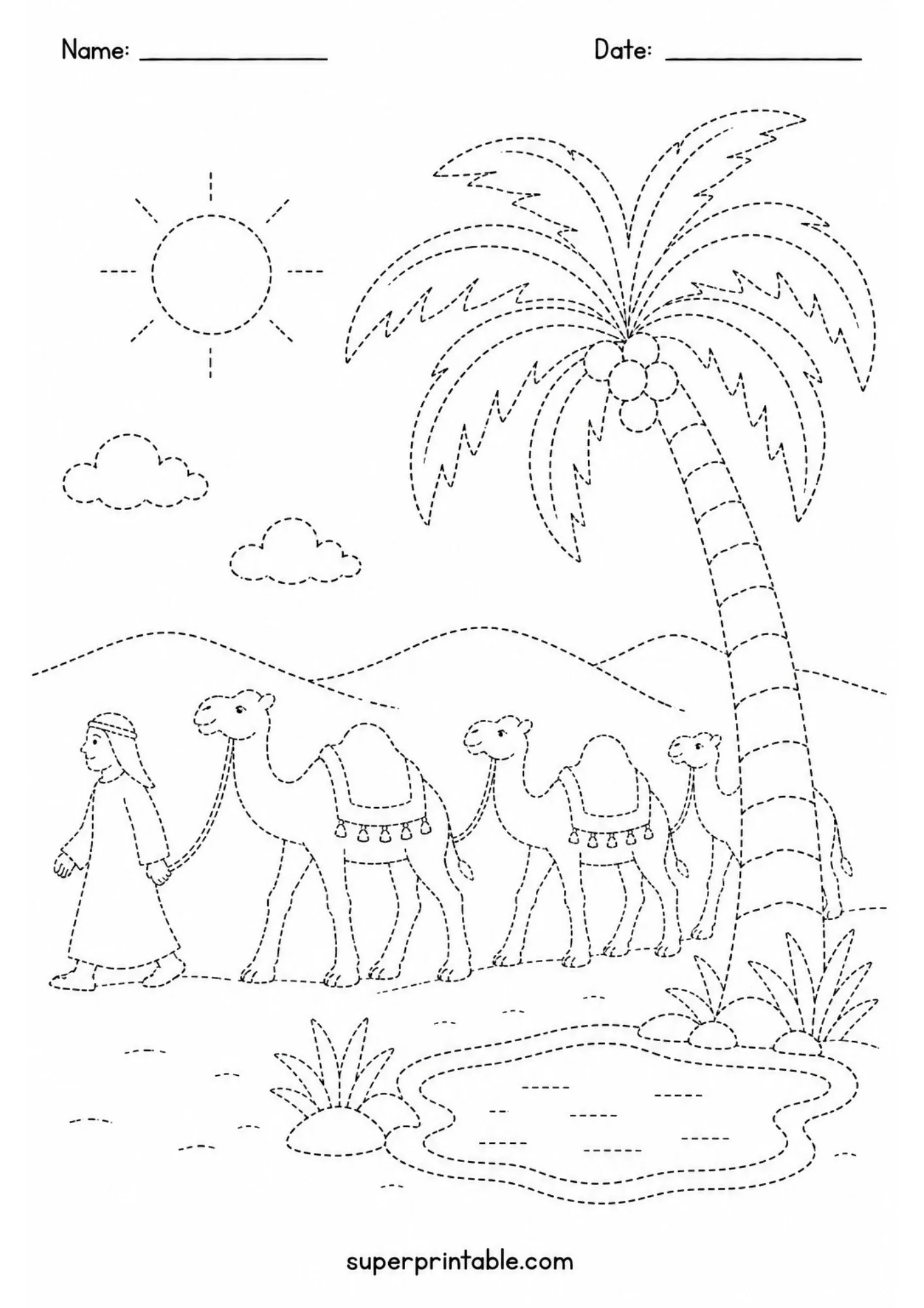 Line tracing page illustrating a desert caravan with camels and a palm tree near an oasis.