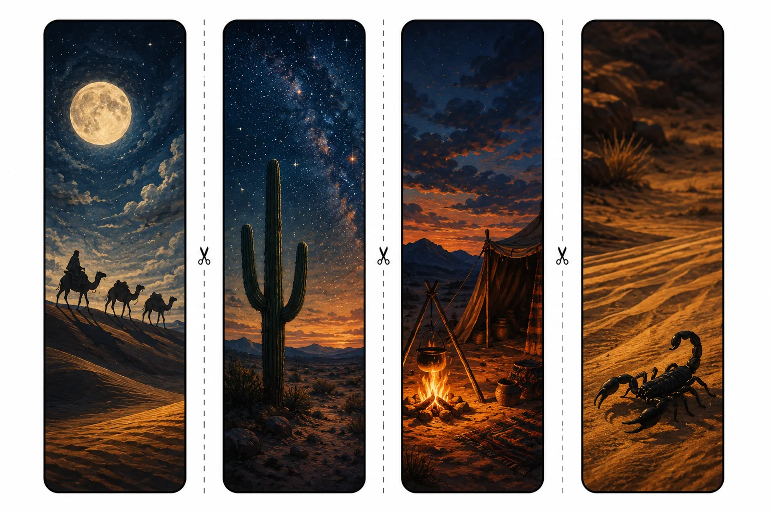 Four printable desert bookmarks with a moonlit camel caravan, a saguaro under stars, a campfire by a tent, and a scorpion on sand