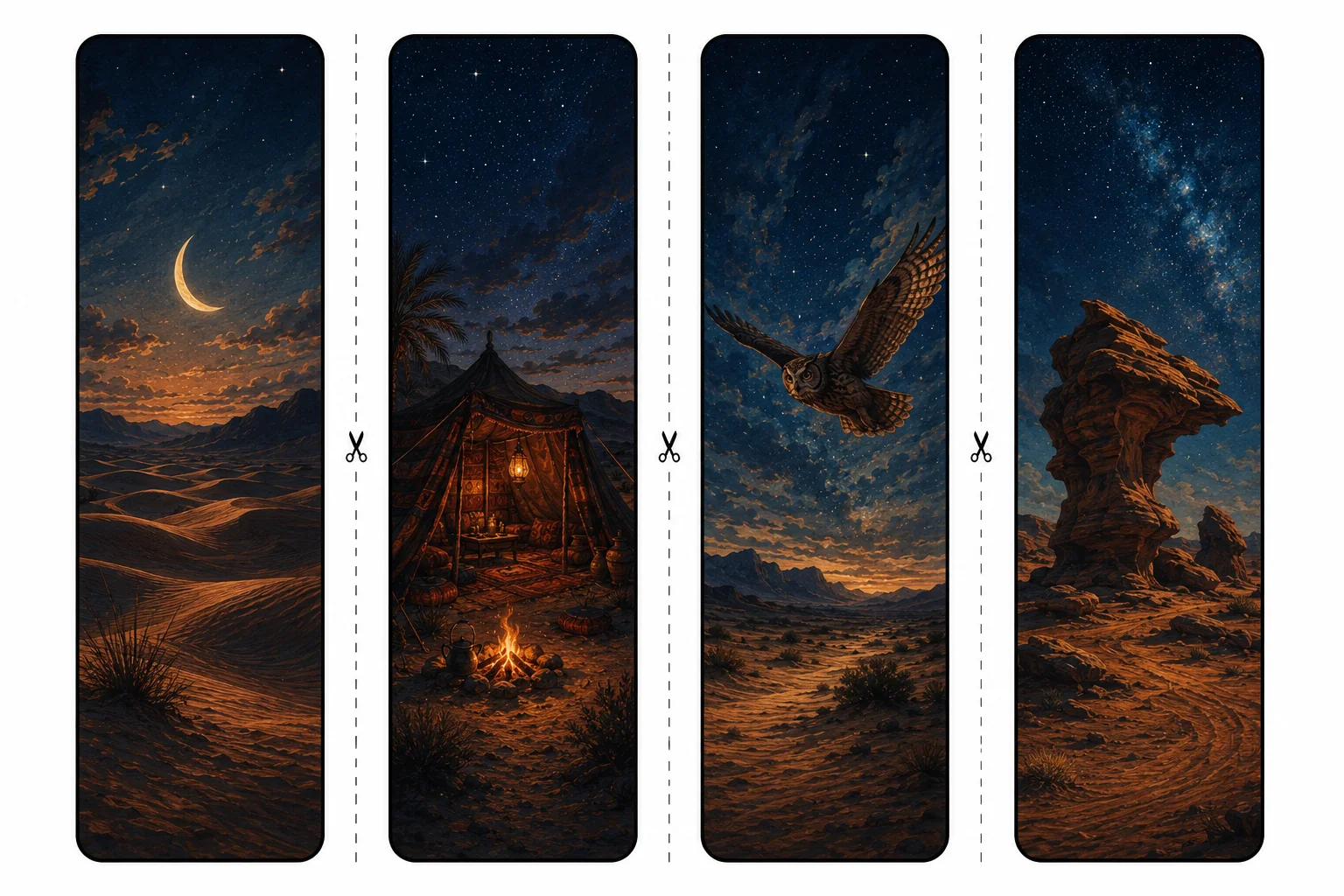 Four printable desert bookmarks with a crescent moon over dunes, a glowing Bedouin tent, an owl in flight, and a wind-carved rock