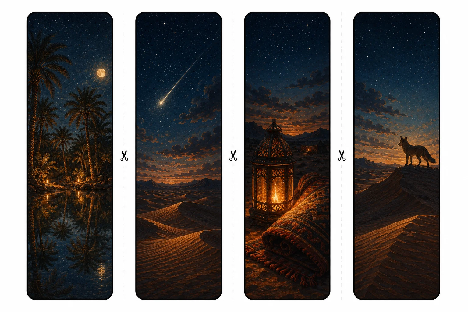 Four printable desert bookmarks with palm oasis reflections, a shooting star, an ornate lantern on a rug, and a fox on a dune