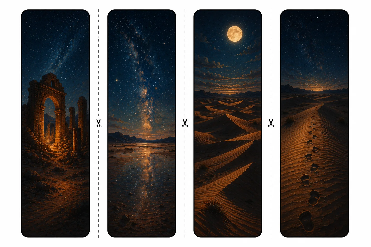Four printable desert bookmarks with ancient ruins, stars mirrored on water, long dune shadows under a full moon, and footprints in sand