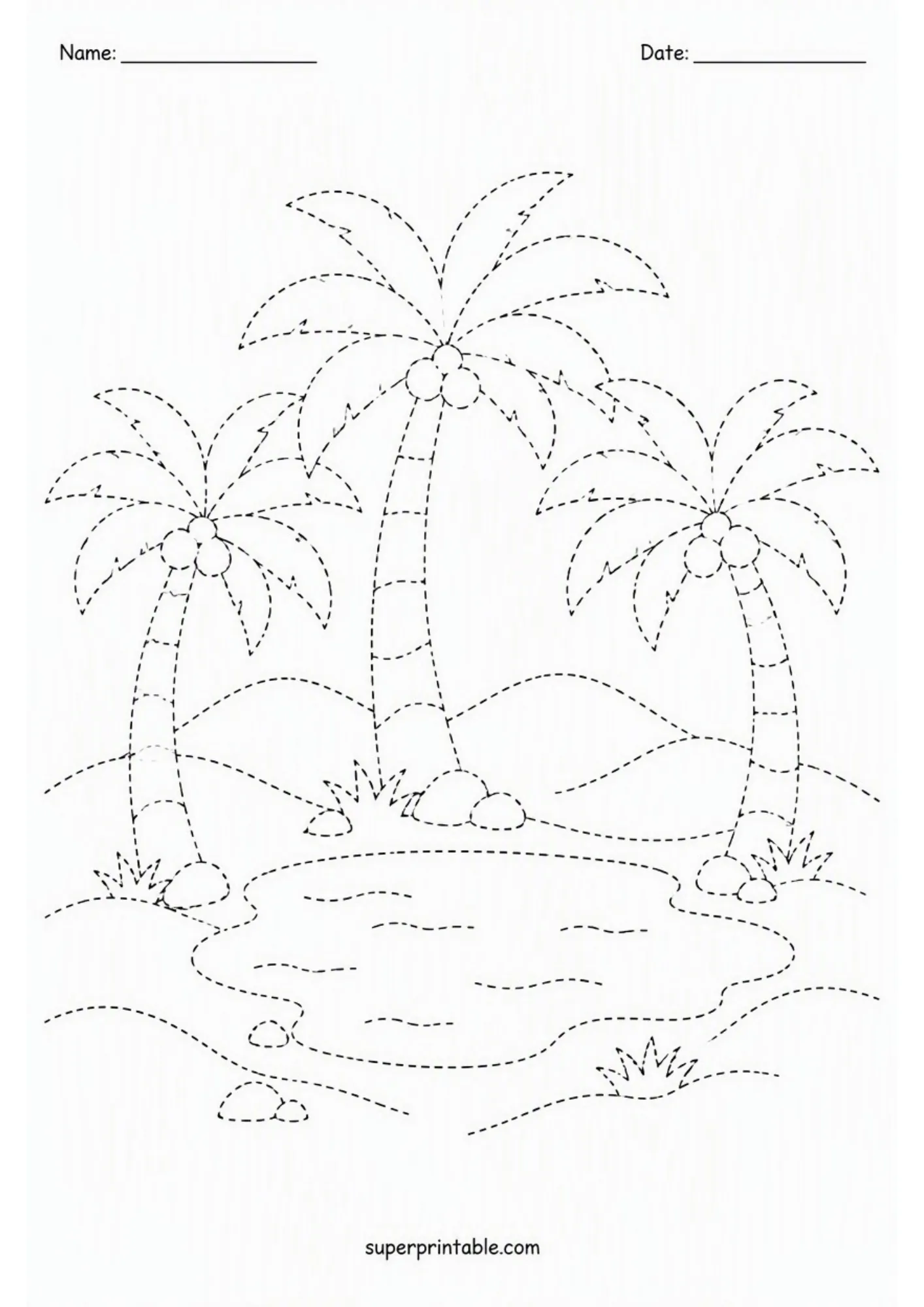 Desert oasis landscape with palm trees and a water pool line tracing activity sheet for kids.