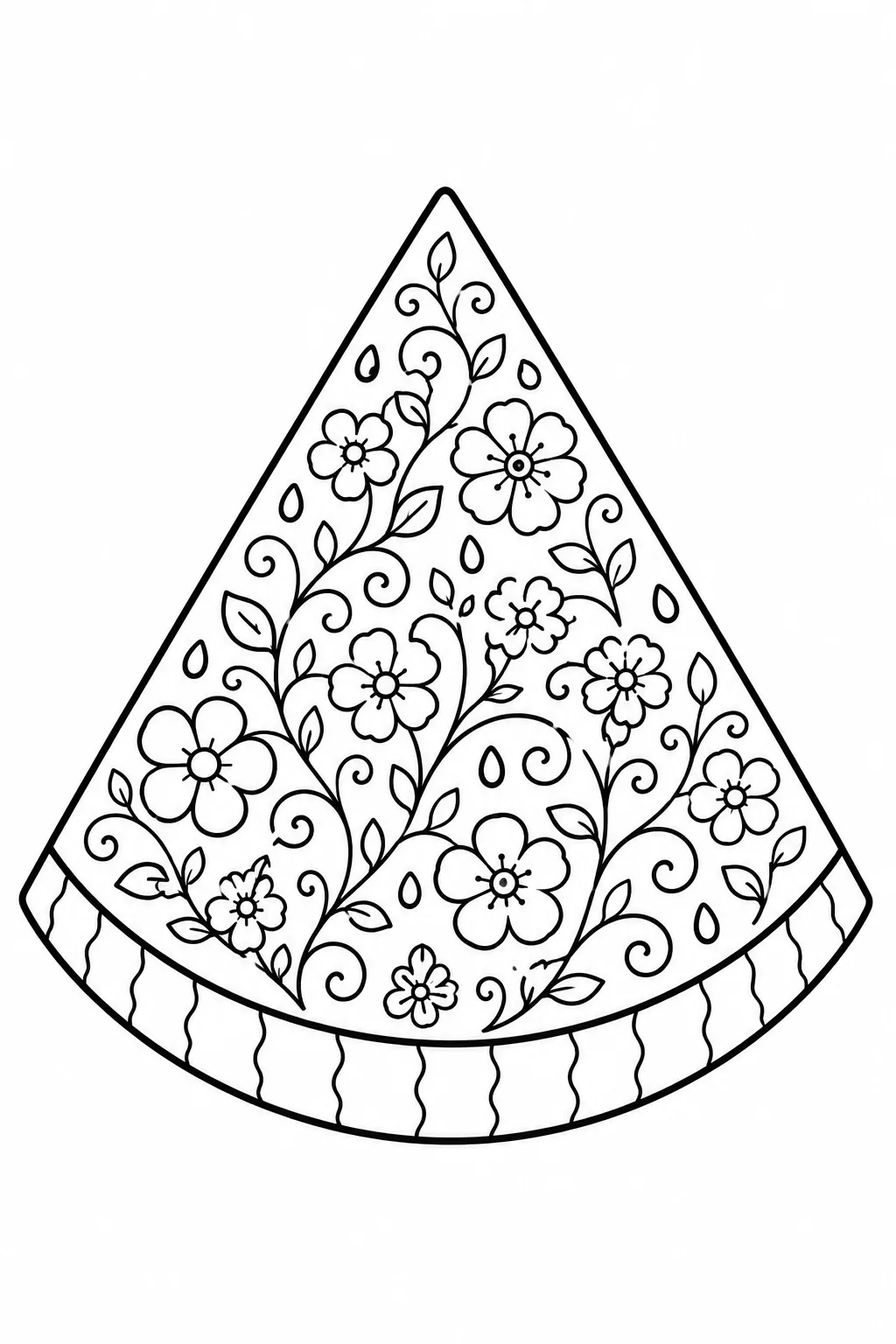 Intricate floral vines and flowers filling a watermelon slice coloring page for adults.
