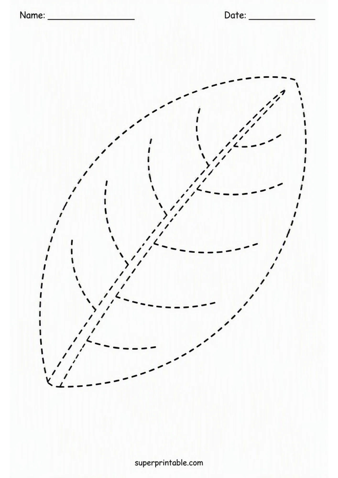 Large leaf with detailed vein lines for fine motor skill tracing practice worksheet.