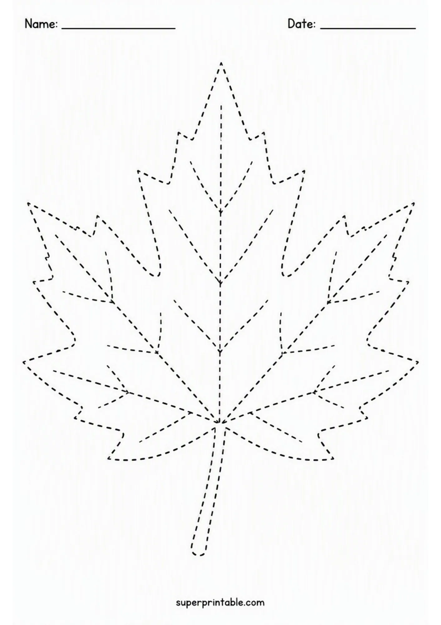 Black and white tracing worksheet depicting a large multi-pointed maple leaf with complete dashed vein lines inside.