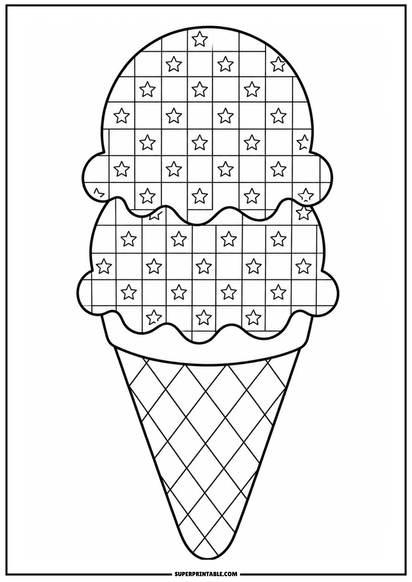 Detailed ice cream cone filled with teardrop shapes for kids coloring practice
